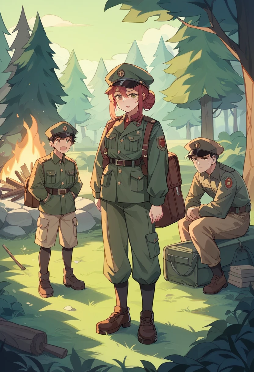 Woman with scary face、Tough character、German military uniform、Officer、Major、Military Camp、campsite、base、The tank is parked、There are a lot of soldiers、In the dark forest、night、Standing by a bonfire with folded arms、Lit by a bonfire