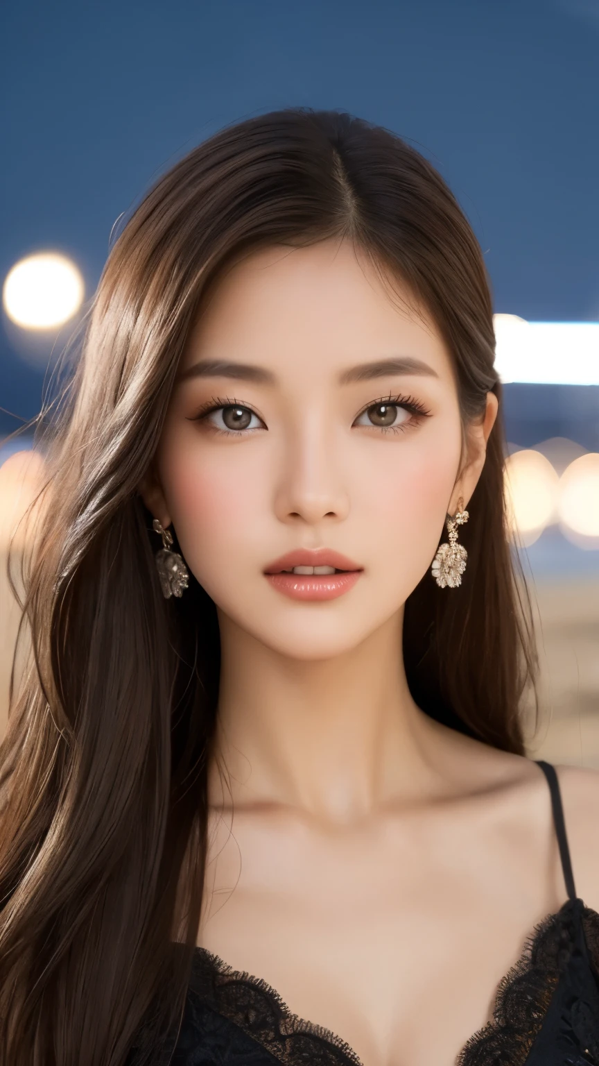 highest quality、Realistic、Realistic、Very detailed、Very delicate and beautiful、RAW Photos、Professional Lighting、Facial Light、Written boundary depth、Focus Only、Ezvian everywhere,1 female (Beach at night):1.4)、Brown haired、Brown eyes、Small Head、Beautiful Eyes、Dark eyeliner、Very Large Breasts、True Face、Real Skin、Lively Faces、Realistic Skin、Fine grain、Detailed facial features、Detailed characteristics of the garment、(Fashion Clothing:1.3) ), (Fashion Hairstyles: 1.3)、 Looking at the audience, Simple Background, Magnificent face, Beautiful Teeth、Large Breasts、Valley