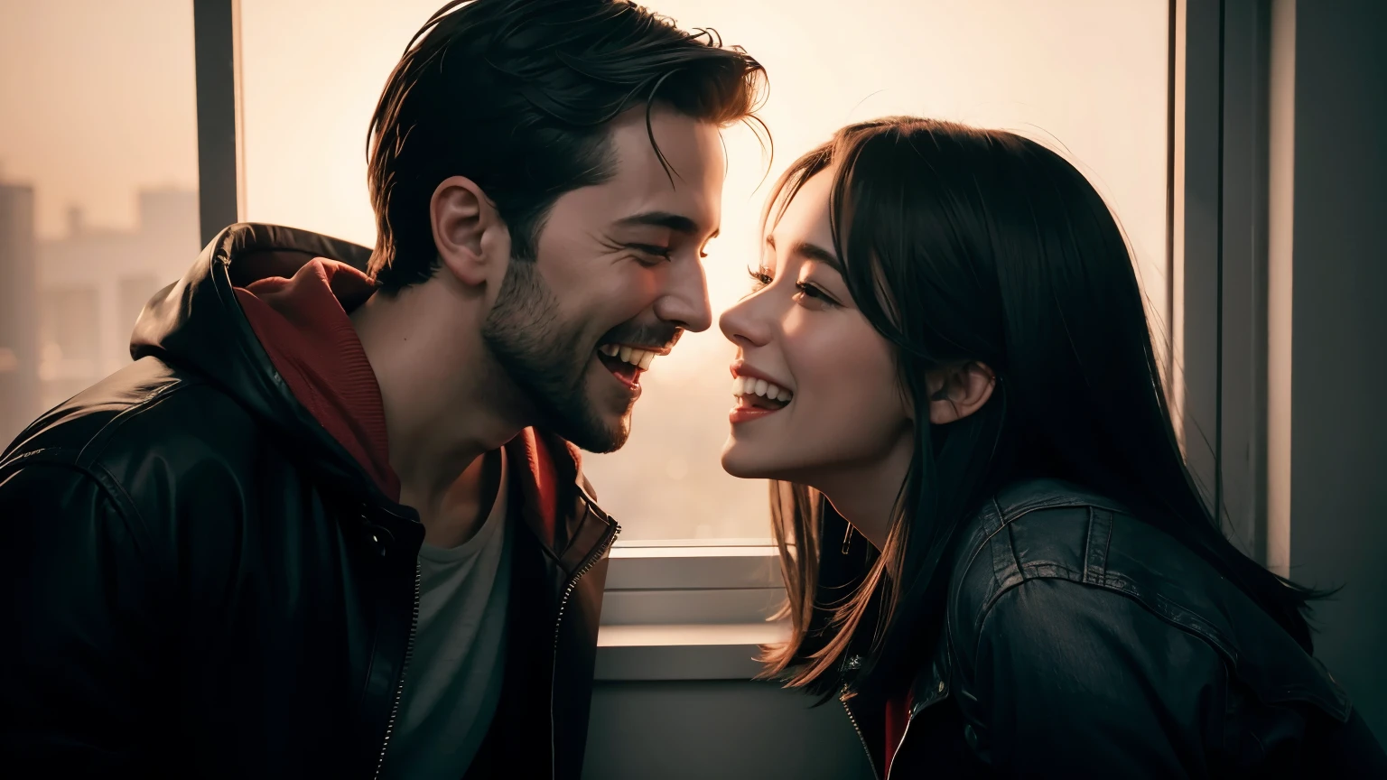 Create an image of friends reuniting and laughing together, emphasizing the value of relationships, in the style of ArtStation, trend, cinematic, thriller.