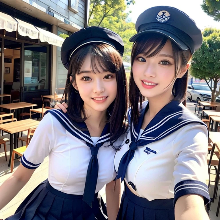 (2girls, youthful & beautiful women, age 20s, wearing the iconic japanese highschool uniform, white shirt with buttons, pleated mini-skirt, red neck collar ribbon, serafuku, ponytail hair, short hair, bob hair with side bangs, sailor hat, sailor uniform,
BREAK
Friendly Kind smile, beautiful detailed eyes, very detailed eyes & facial features, long eyelashes, beautiful detailed lips, natural color lips, dimpled cheeks, snaggle-tooth, ample bosom, medium breasts, perfect body anatomy, natural poses, warm hugs, the cowboy shot, high angle camera shot, sitting in an outdoor cafe,
BREAK
Photorealism, Ultra-realistic, portrait, vivid colours, photo-realistic, UHD, 4k, 8k, ultra-detailed, finely detailed, high resolution, masterpiece, best quality, illustration, perfect dynamic composition, bokeh night background, safe for work, SFW)