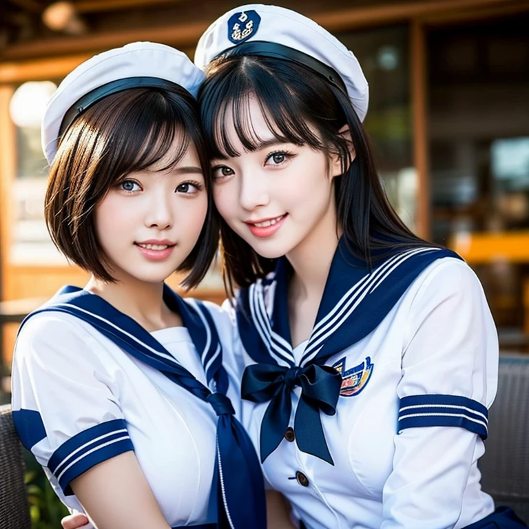 (2girls, youthful & beautiful women, age 20s, wearing the iconic japanese highschool uniform, white shirt with buttons, pleated mini-skirt, red neck collar ribbon, serafuku, ponytail hair, short hair, bob hair with side bangs, sailor hat, sailor uniform,
BREAK
Friendly Kind smile, beautiful detailed eyes, very detailed eyes & facial features, long eyelashes, beautiful detailed lips, natural color lips, dimpled cheeks, snaggle-tooth, ample bosom, medium breasts, perfect body anatomy, natural poses, warm hugs, the cowboy shot, high angle camera shot, sitting in an outdoor cafe,
BREAK
Photorealism, Ultra-realistic, portrait, vivid colours, photo-realistic, UHD, 4k, 8k, ultra-detailed, finely detailed, high resolution, masterpiece, best quality, illustration, perfect dynamic composition, bokeh night background, safe for work, SFW)