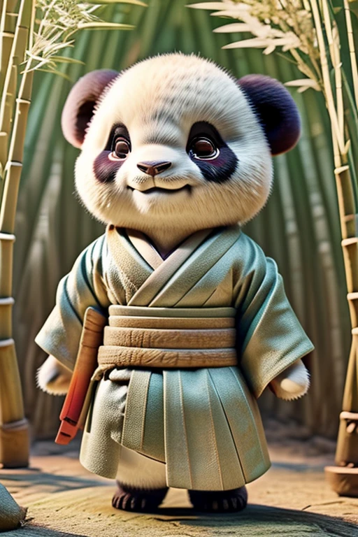 Highest quality, Ultra-high resolution, (Realistic:1.4), RAW Photos, (panda:1.1), Japanese style, kimono, Rin々Shii, Samurai, bamboo forest, Feel the wind, front, Standing posture, Small and cute, Little Panda, Real Panda