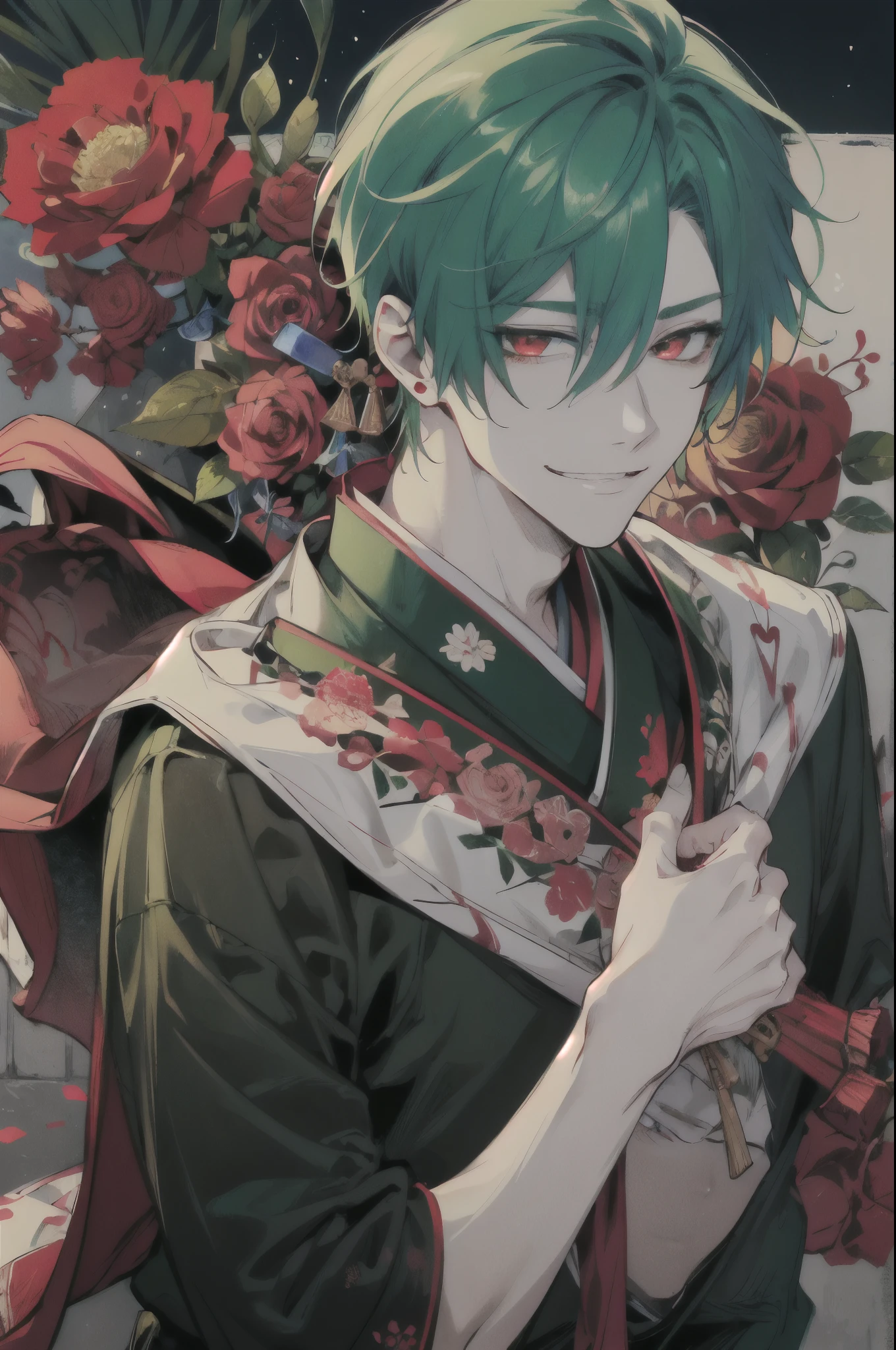 maleの子、male、male性、cool、maleらしい、Green Hair、Red two-tone、Red eyes、Japanese tattoo on arm、Earringuscle、mens、dragon、Green roses、Being spoiled、Watery eye、heart,smile、Red cheeks、night、Eyes glow red、knife、Shinsengumi