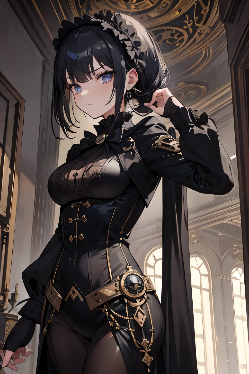 1girl, spy suit, gothic costume, elegant style, steampunk reference, palace dance salon, baroque details, hidden spy weapons, spy equipment hidden in clothes, gothic punk victorian elegant clothing, correas tácticas ocultas