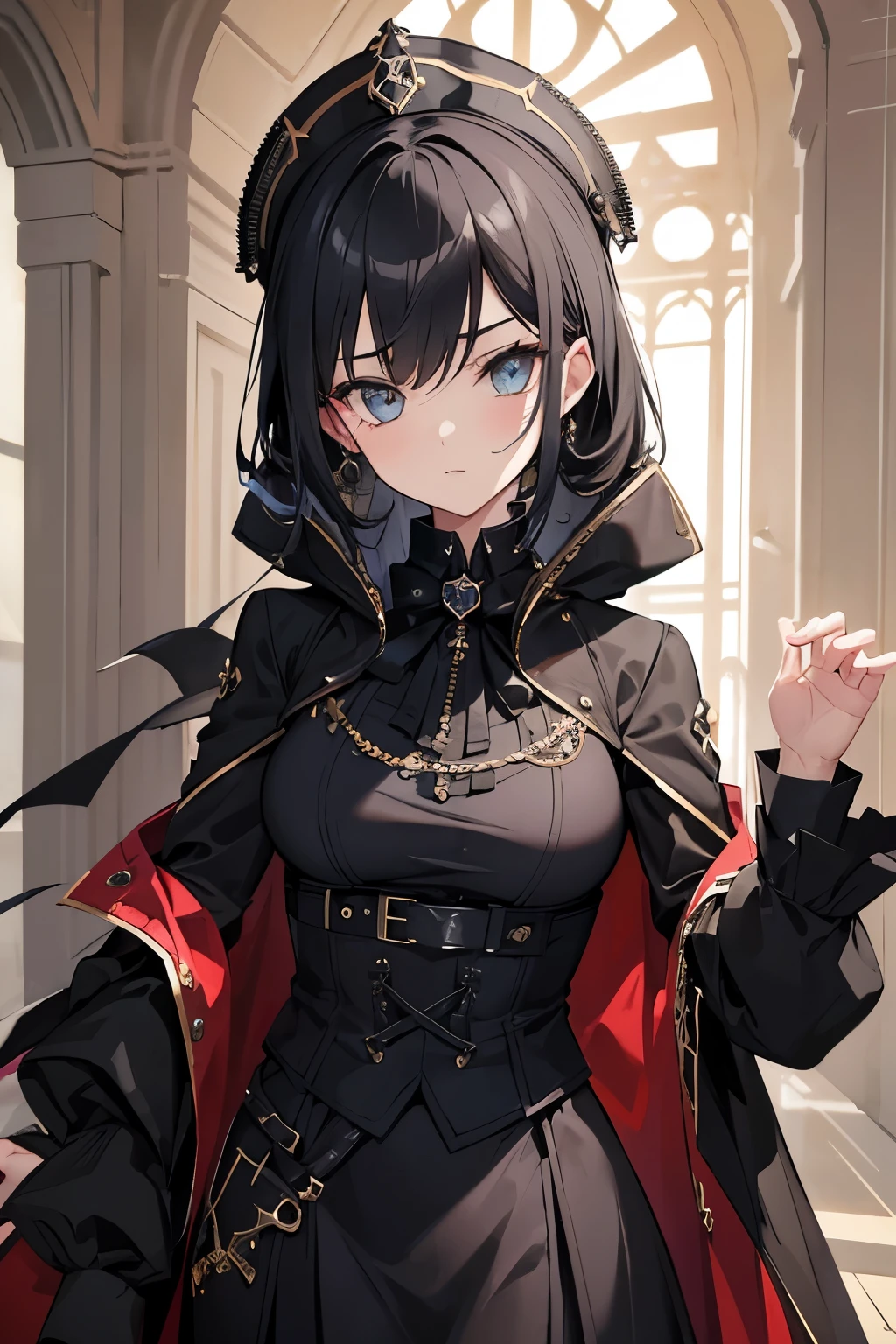 1girl, spy suit, gothic costume, elegant style, steampunk reference, palace dance salon, baroque details, hidden spy weapons, spy equipment hidden in clothes, gothic punk victorian elegant clothing, correas tácticas ocultas