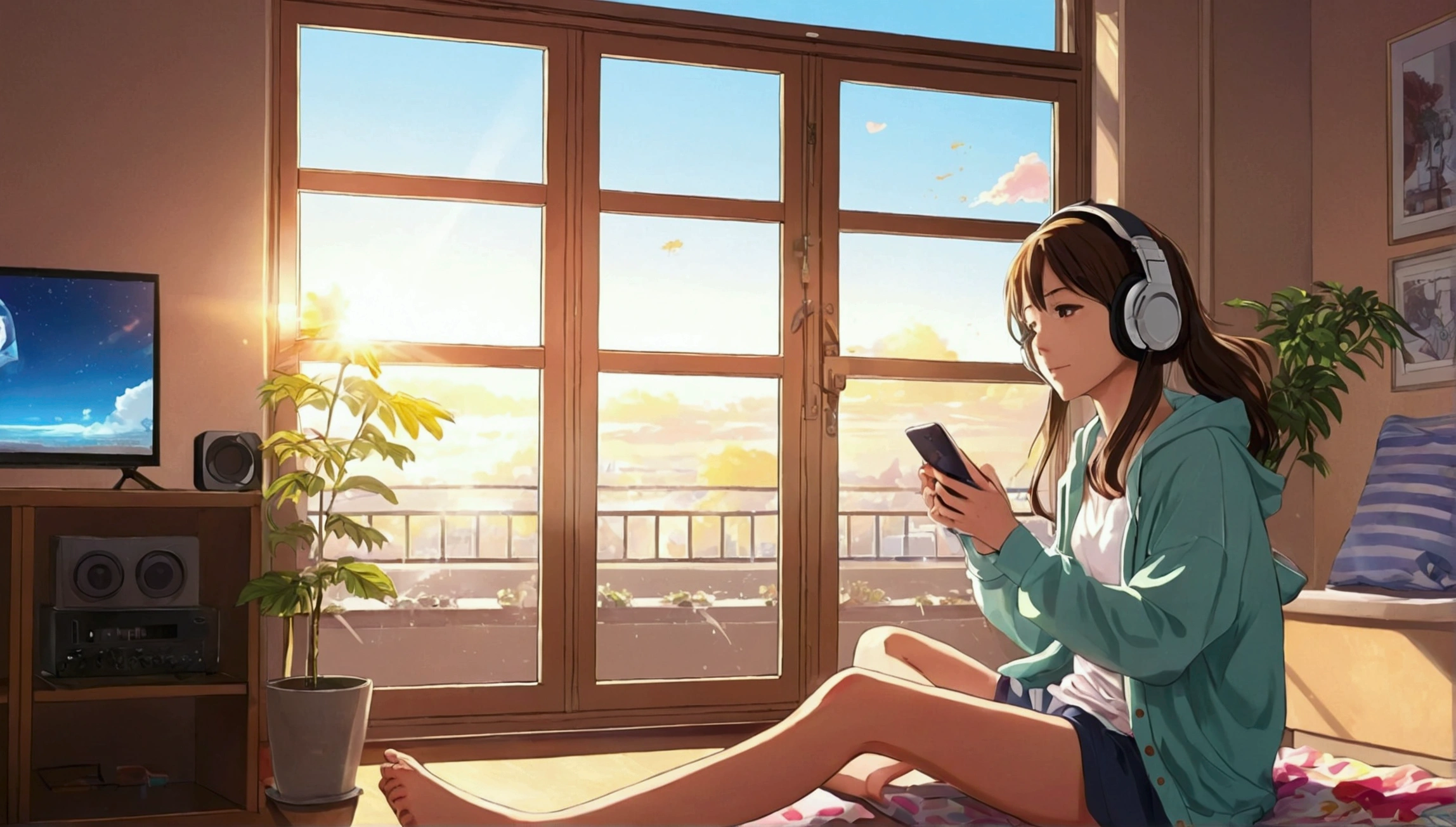 morning、Girl sitting and listening to music in a comfortable room, Using headphones, Anime Style 2D, Lo-Fire, hard disk, bright sunlight