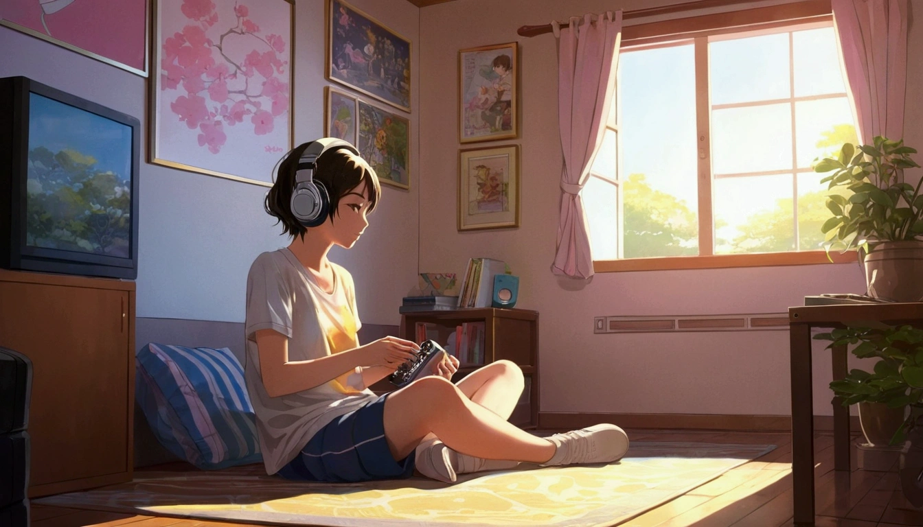 morning、Girl sitting and listening to music in a comfortable room, Using headphones, Anime Style 2D, Lo-Fire, hard disk, bright sunlight