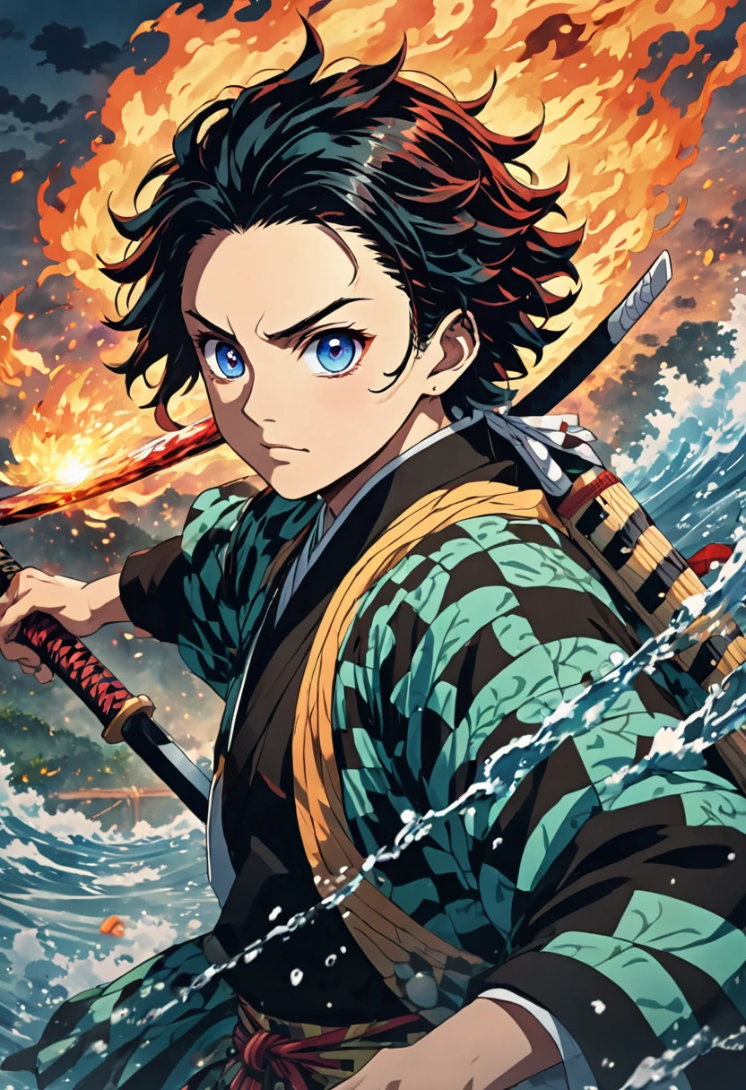 Anime character with a sword on fire and water background, Cute guy in Demon slayer art, Demon slayer Art Style, Rui Demon Slayer Fanart, 坏蛋动漫8 K, Demon slayer, anime key art, 4k manga wallpapers, Kimetsu no Yaiba, anime wallpaper, Ultra Transparent, ultra detaild, very extremely beautiful, epic anime art, 8k anime art wallpapers, local art