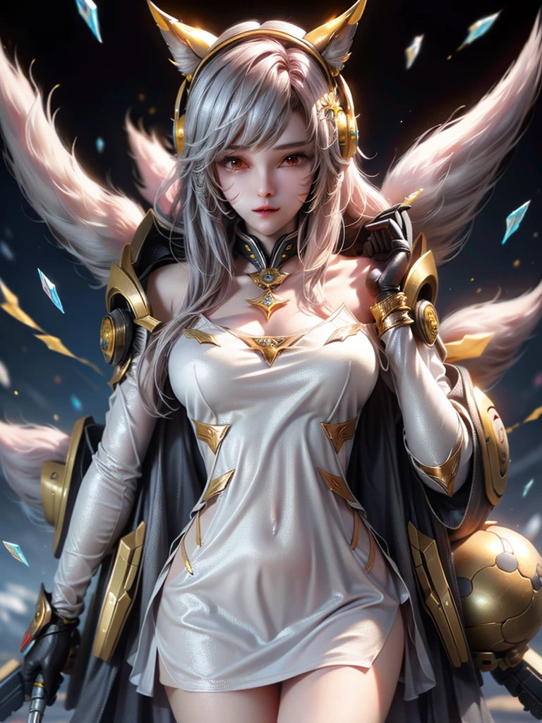 Female black and yellow mech sculpture，The mech is rich in detail，Mechanical skin texture，Silver robot wing detail，Silver lightning ball，holding knives，Explosive effect，Looking Up The Sky