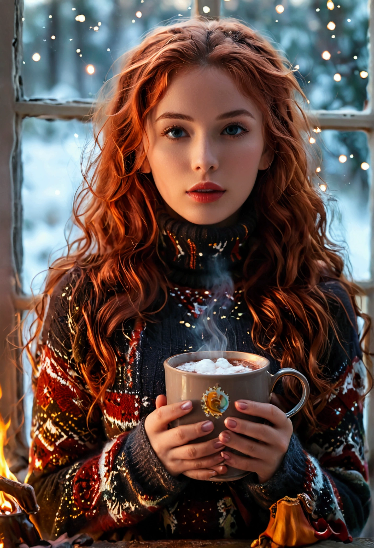 An ultra hot beautiful european woman, age 23, red wavy hair. she's a playmate, men magazine model, enjoying a cozy evening by the fire. She wears a turtleneck winter color wool sweater and tight shorts. Trough the window, winter starry night. Northern lights, Perfect anatomy, perfect hair, perfect breast, perfect body, perfect hands, perfect face, UHD, retina, masterpiece, accurate, anatomically correct, textured skin, cleavage, holding a cup of steaming hot chocolate in her hands