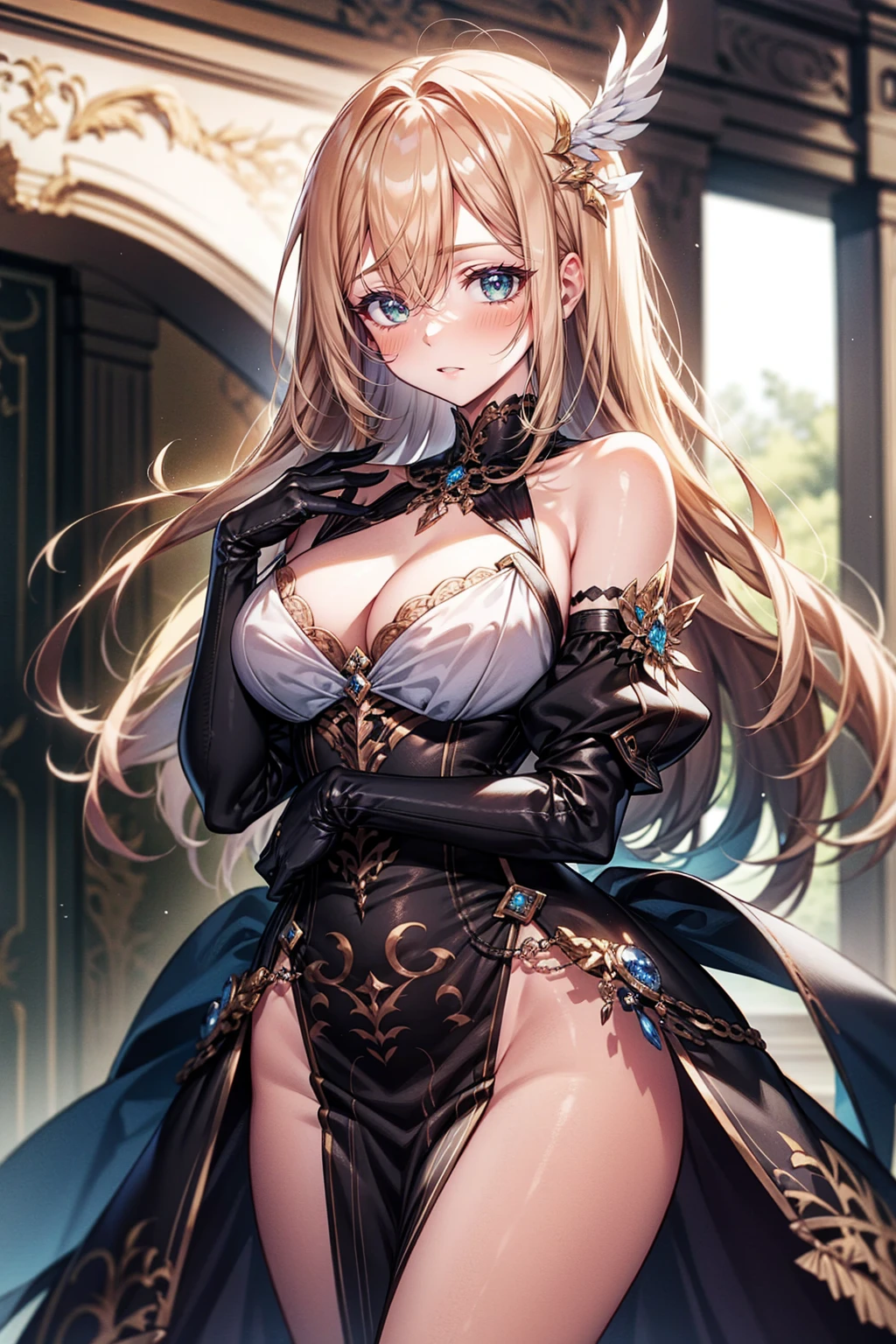 long gloves up to the elbow、dress、blonde lady、blush、Shyness