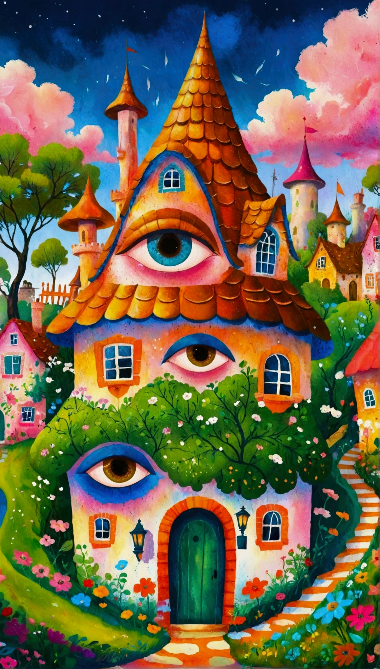 Artists from the stars，Pastel Art：长满Eye的城堡，(((Eye)))，Twisted Castle，Colorful black，植物上的Eye， Popular trends on pixabay, Childish Art, Fantastic art, Fantastic and psychedelic, rich and colorful house, sunlight and Fantastic houses, Fantastic fantasy landscape art, rich and colorful illustration, rich and colorfull illustration, Magical Village, Fantastic!!, Wizarding World. rich and colorful, Fantastic!!!, colorful、Rich details waiting to start 
