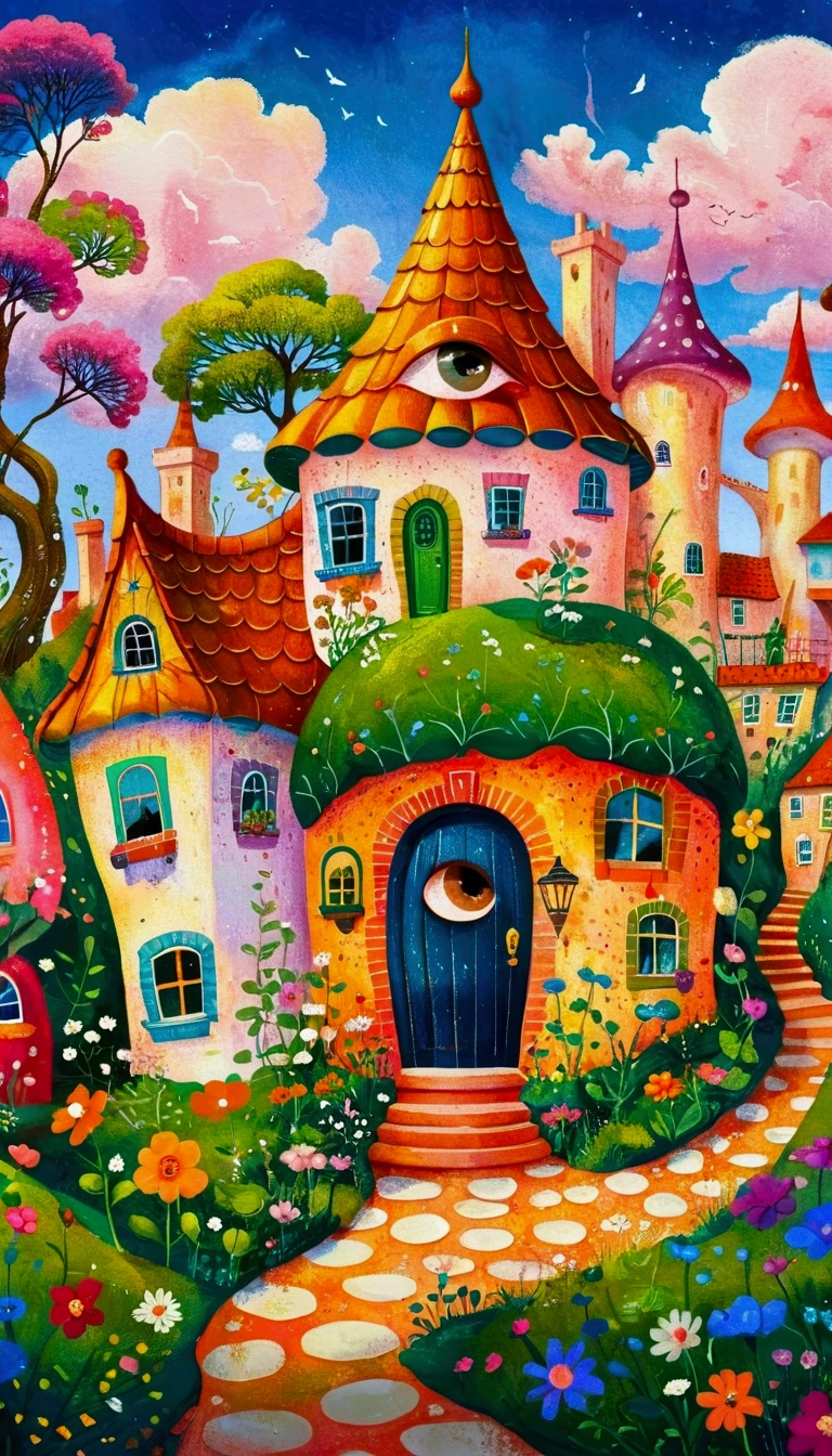 Artists from the stars，Pastel Art：长满Eye的城堡，(((Eye)))，Twisted Castle，Colorful black，植物上的Eye， Popular trends on pixabay, Childish Art, Fantastic art, Fantastic and psychedelic, rich and colorful house, sunlight and Fantastic houses, Fantastic fantasy landscape art, rich and colorful illustration, rich and colorfull illustration, Magical Village, Fantastic!!, Wizarding World. rich and colorful, Fantastic!!!, colorful、Rich details waiting to start 
