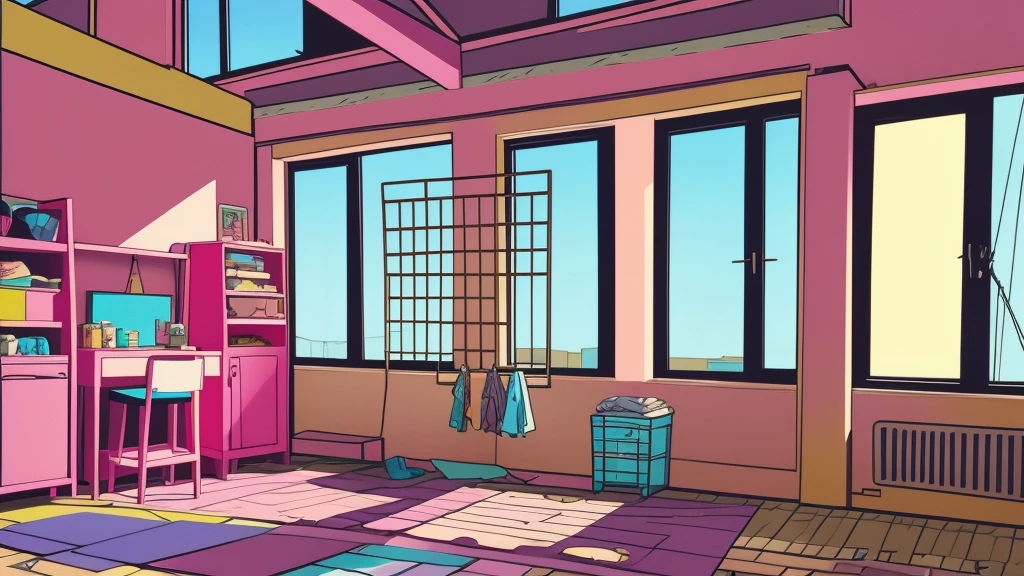 there is a cartoon of a person on a roof with clothes hanging out to dry, lo fi colors, lofi girl aesthetic, anime aesthetic, lofi artstyle, lofi aesthetic, 9 0 s anime aesthetic, lofi girl, lo-fi illustration style, lofi colors, lo - fi colors, lo fi, lofi feel, lofi art