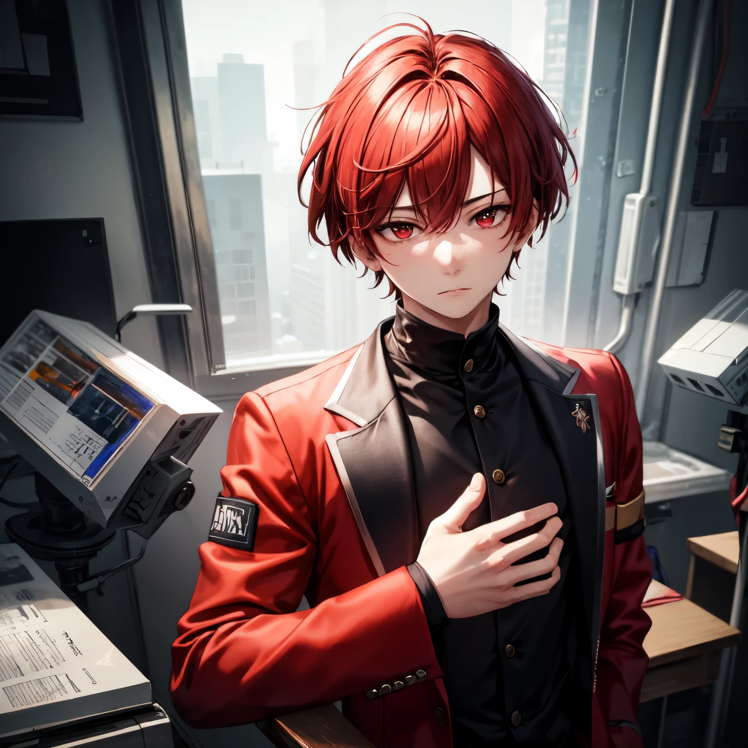 ((best quality)), ((masterpiece)), (detailed), 1boy, messy red bussiness suit, bored expression, red eyes, red short hair
