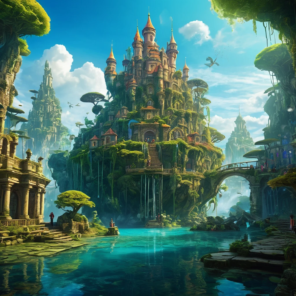 a school in a fictional world, fictional country, highly detailed environment, fantastical architecture, whimsical details, magical atmosphere, vibrant colors, dramatic lighting, mystical creatures, students in magical uniforms, enchanted nature elements, floating islands, ancient ruins, futuristic technology, cinematic composition, intricate details