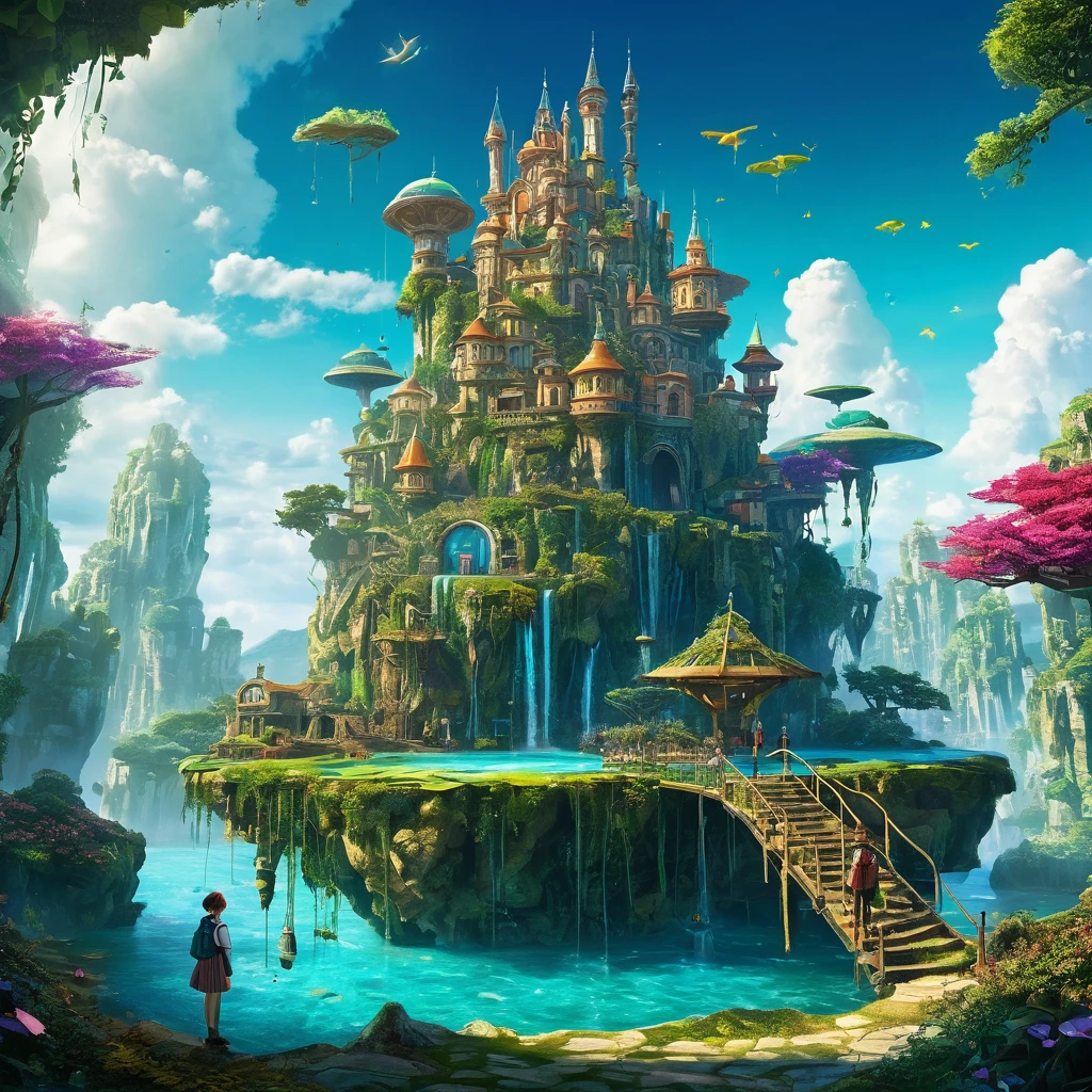 a school in a fictional world, fictional country, highly detailed environment, fantastical architecture, whimsical details, magical atmosphere, vibrant colors, dramatic lighting, mystical creatures, students in magical uniforms, enchanted nature elements, floating islands, ancient ruins, futuristic technology, cinematic composition, intricate details