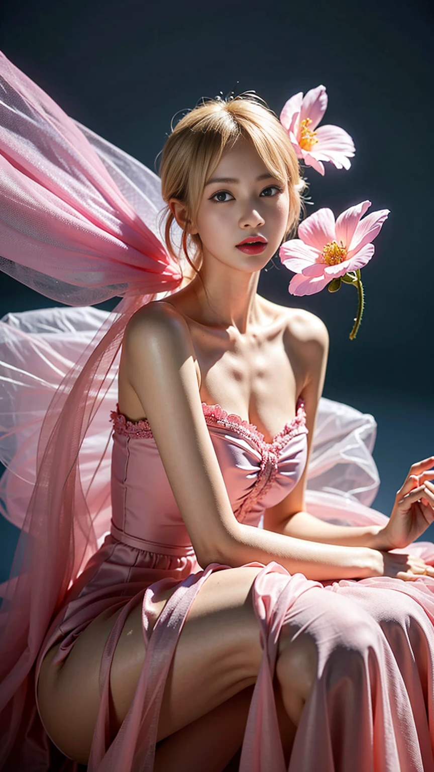 blond woman in 핑크빛 옷 holding a flower in her hand, dressed in a pink outfit, wearing an organza gown,  wearing ballroom gowns,  Stylish editorial photography, official valentino editorial, translucent dress, Subtle and dreamy, celestial fairy tale, very subtle, dreamy and heavenly,lots of merlot, official dior editorial, 1 woman,