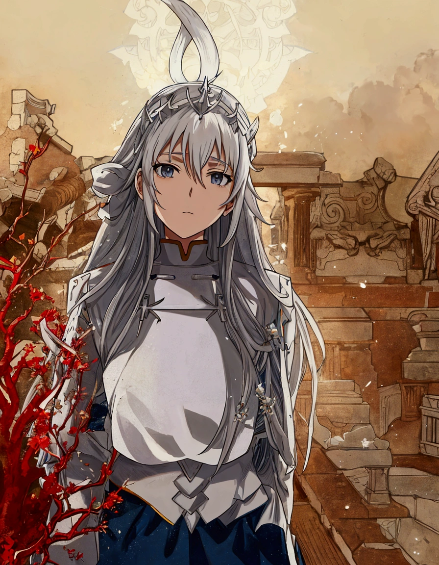 anime tarot card, anime girl with long gray hair and white shirt standing in front of a bush, white haired deity, official art, anime style like fate/stay night, white haired, best anime 4k konachan wallpaper, white haired lady, white-haired, girl with white hair, perfect white haired girl, gray haired, ancient ruins behind her, 4 k manga wallpaper