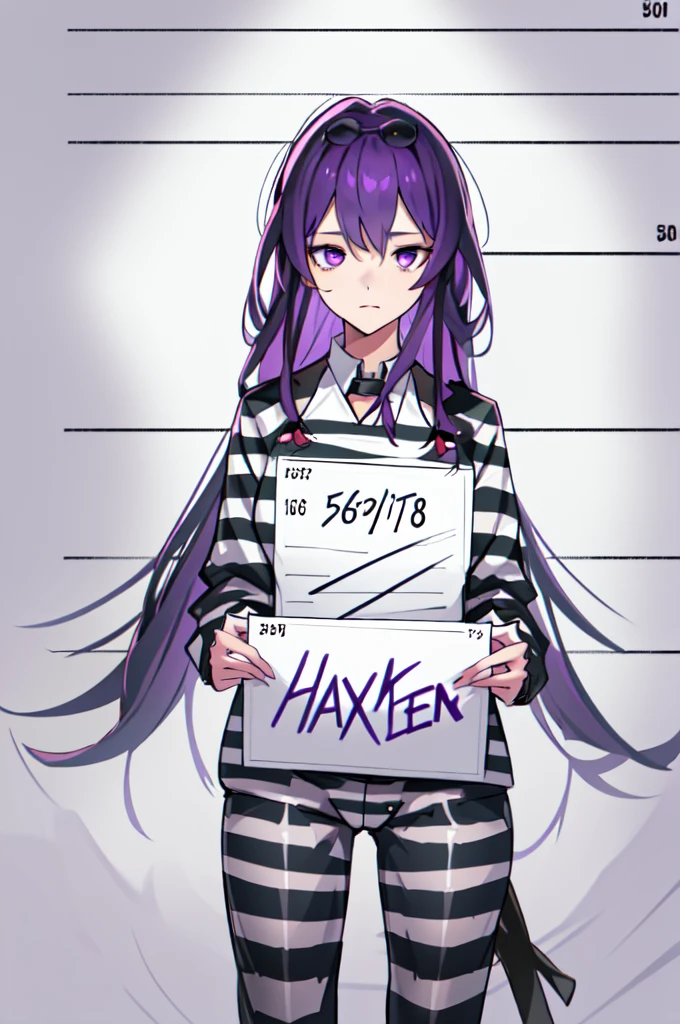 Very detailed, high quality, masterpiece, beautiful,hsr,Kafka, Purple eyes, Jacket, Precross, Striped clothing, pants,white and black stripes,Mugshot, Body length chart, Holding a sign, Prison uniform, Striped shirt, Cowboy Shot,Embarrassing,prison