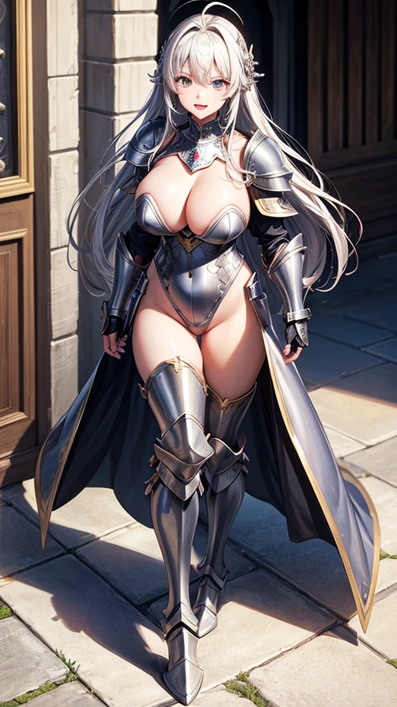 Woman knight、a beauty girl、huge tit、Excellent style、Nice Buddy、glamorous、leotard、s Armor、Shoulder rest armor、Bra chest armor、knee boots、gauntlets、hair adornments、silber hair、Longhaire、Ahoge、is standing、full body seen 、Medieval city、Walking、slightly open mouth、a smile、