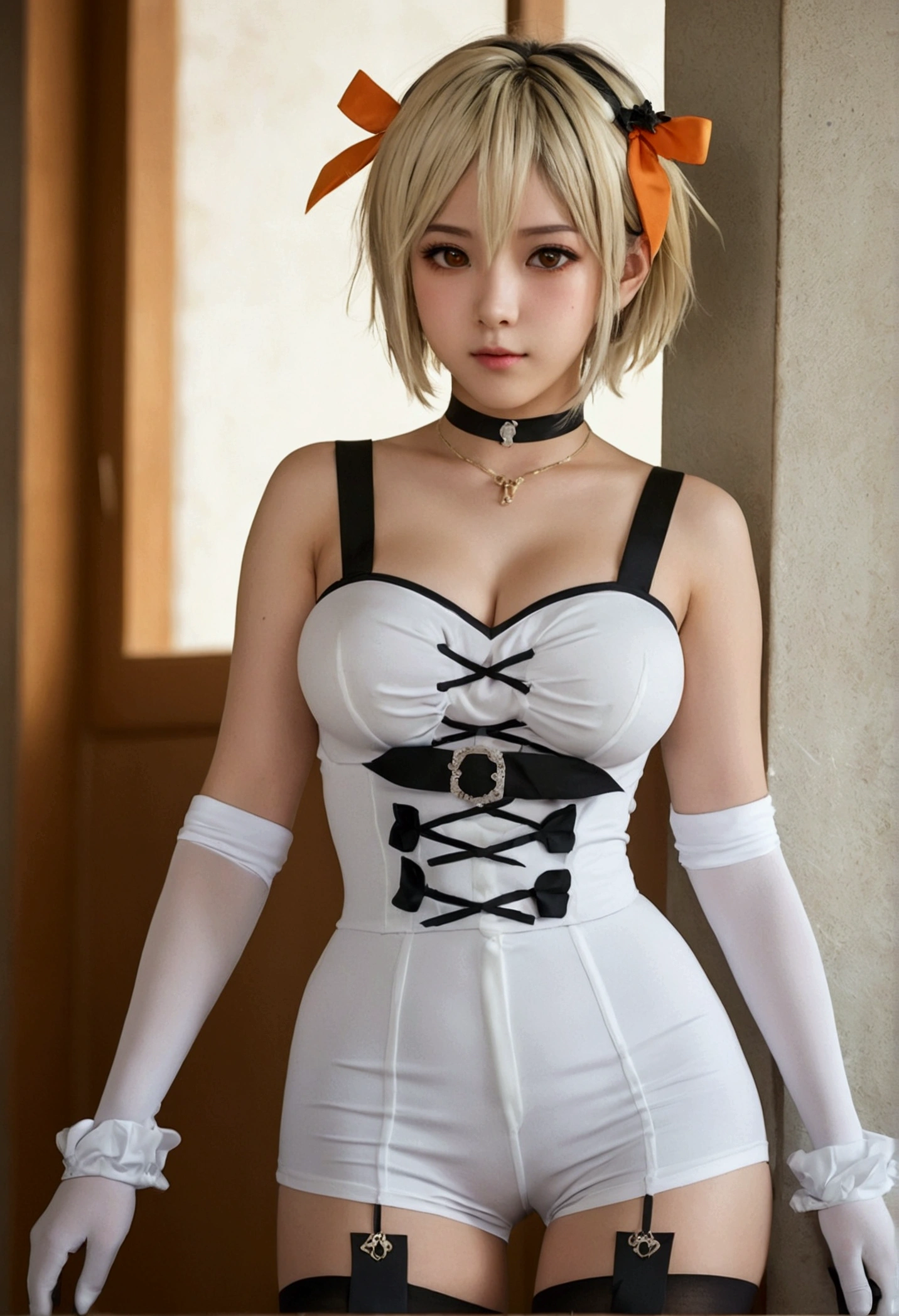 1girl, solo, gray stockings, slightly torn stockings, holes, stockings with buckles, decorated with accessories, shortened white top with accessories, gray shortened shorts with accessories, short light hair, blonde hair with white highlights, half-blonde half-yellow hair, orange eyes, bare shoulders, dark fingerless gloves, sleeveless, bare arms,pointed ears thin gray tail, white long shoes ,short mole under the eye,black ribbons on the arms, medium-sized breasts, cute eyes,very cute face,, innocent, 4hd,bare belly,genshin style