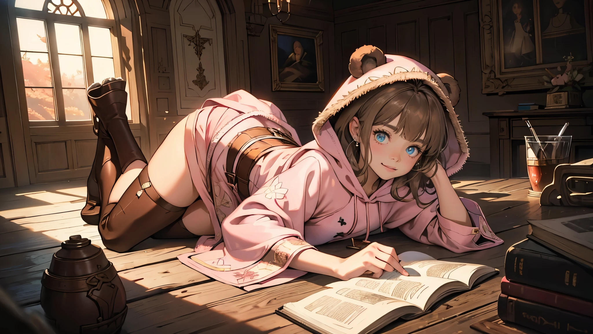 masterpiece, ultra detailed, 8K Portrait, Raw photo, a portrait photo of, Highly detailed face, beautiful and meticulous eyes, ((Fantasy)), 7  girl, Light brown short hair, Kind face, Cute smile, adventurer, (((Little bear  ear attached Hooded))) (((Pink-brown silk long-caped))) Fluttering in the wind, Leather boots, one side blue earring, Hold a Maple Syrup Bottle, Midday Sun, Hyper realistic, in a castle, Ambient lighting, Shadow details , strong breeze, Light fog