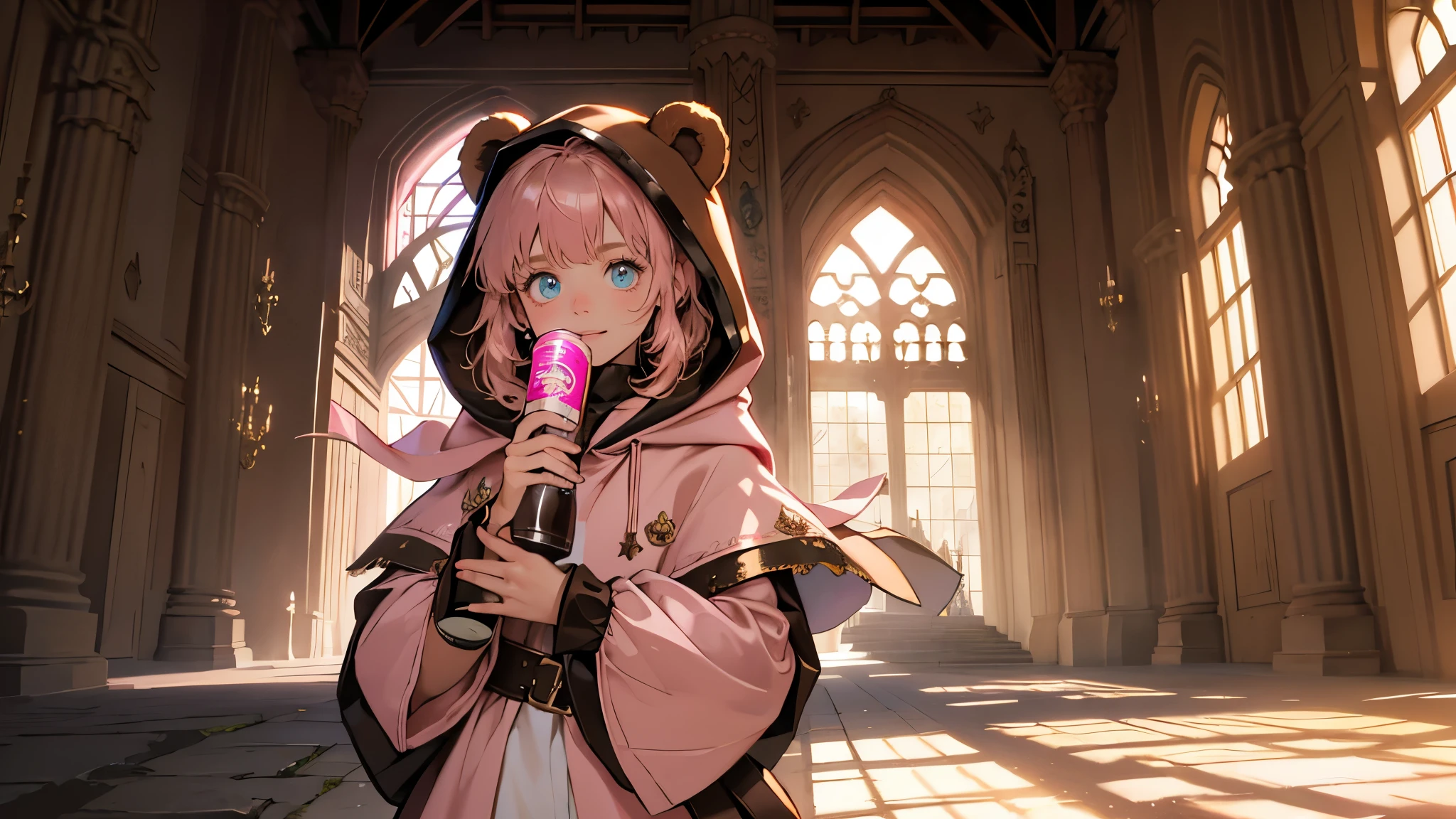 masterpiece, ultra detailed, 8K Portrait, Raw photo, a portrait photo of, Highly detailed face, beautiful and meticulous eyes, ((Fantasy)), 7 year old girl, Light brown short hair, Kind face, Cute smile, adventurer, (((Little bear ear attached Hooded))) (((Pink-brown silk long-caped))) Fluttering in the wind, Leather boots, one side blue earring, Hold a Maple Syrup Bottle, Midday Sun, Hyper realistic, in a castle, Ambient lighting, Shadow details , strong breeze, Light fog