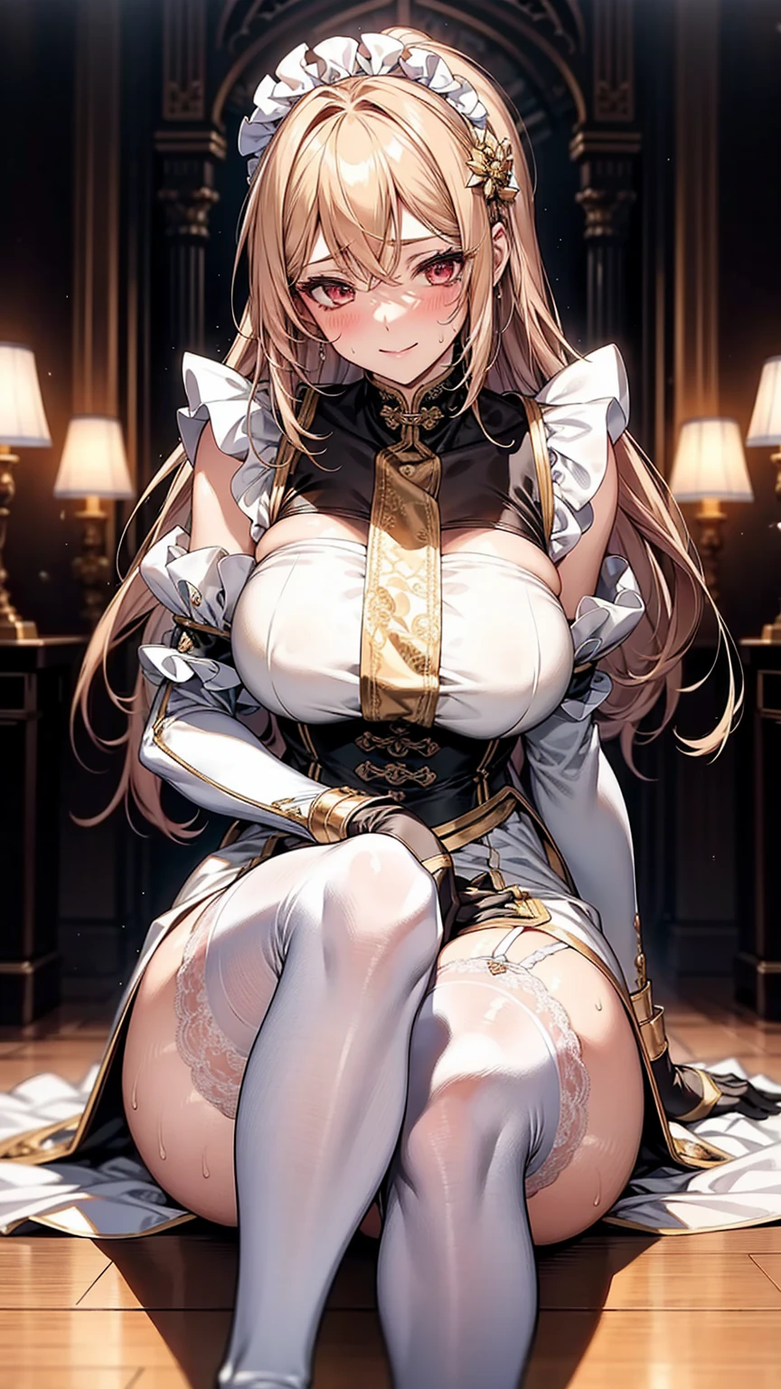 Camel Toe:1.4、(Sweat)、(vapor)、(((Long gloves:1.3)))、、Knee-high socks、Open your thighs wide to the left and right、crouch on the ground、Show the audience your crotch, (、, Spread your legs:1.3, ))、1、Absurd、、golden headband、Flat lighting、elevation、sexy pose、Highest quality、Complex、Surreal、perspective, Very detailed, Detailed Background, shape、1 girl、alone、Big Breasts、A light smile, Embarrassing, blush, (()), Long gloves、- Elbow hand pockets、、sexy、Sensual, Huge breasts, White Chinese Dress, (Maid clothes:1.3),), Bridal Legwear, (Asymmetrical legwear:1.1), Lace trim, (Showgirl skirts, Cross lace skirt, Tight Skirt, See-through skirt:0.5), , Single Bridal Gauntlet, (Bridal Garter:1.1), A beautiful woman with supple curves, Exposing shoulders, ,Knee-high socks、Long gloves,Knee-high socks、Long gloves、Fascinating、invite、sexy、dynamic、squat。Spread your legs。Sitting、