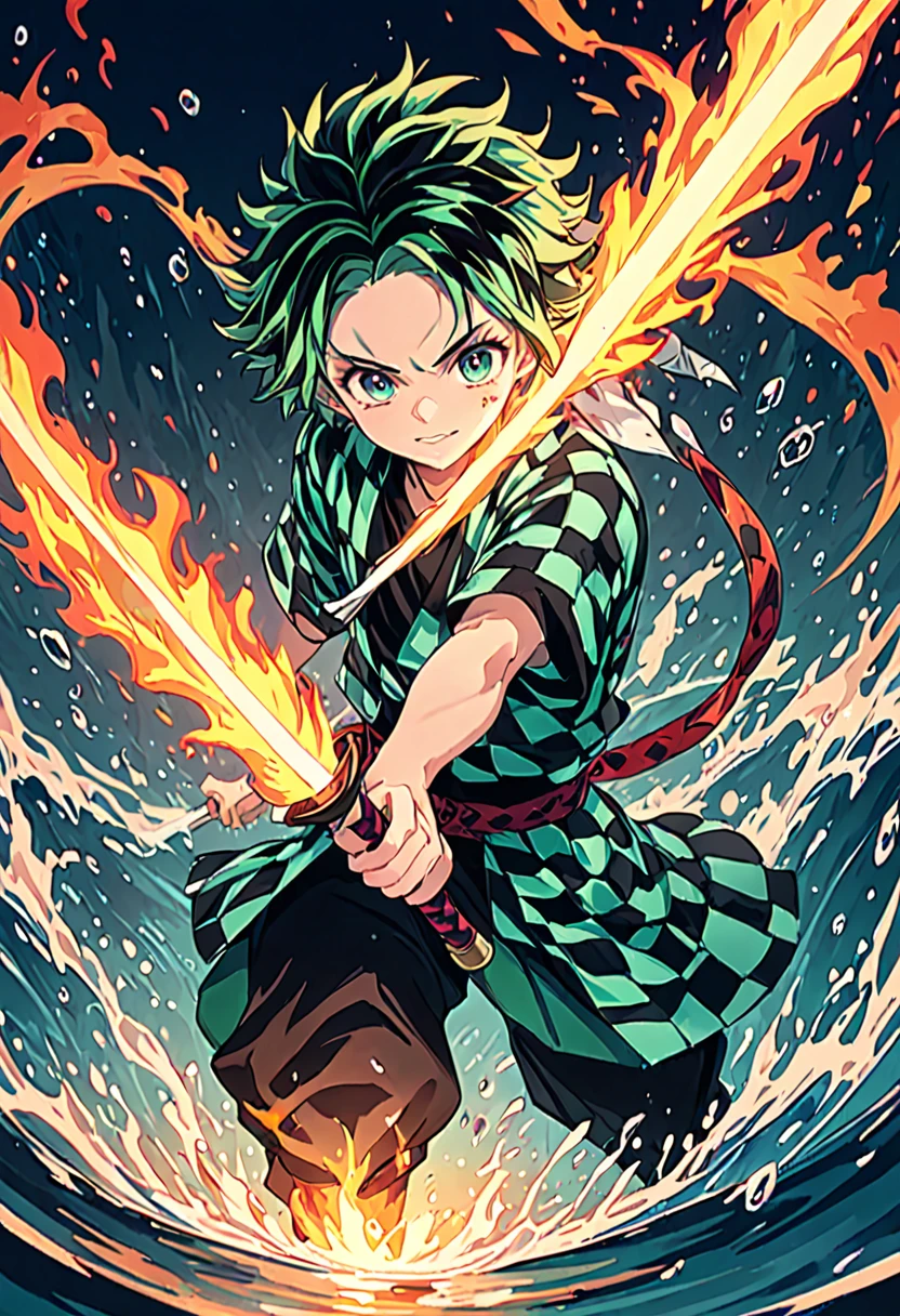 Anime character with a sword on fire and water background, Cute guy in Demon slayer art, Demon slayer Art Style, Rui Demon Slayer Fanart, 坏蛋动漫8 K, Demon slayer, anime key art, 4k manga wallpapers, Kimetsu no Yaiba, anime wallpaper, Ultra Transparent, ultra detaild, very extremely beautiful, epic anime art, 8k anime art wallpapers, local art