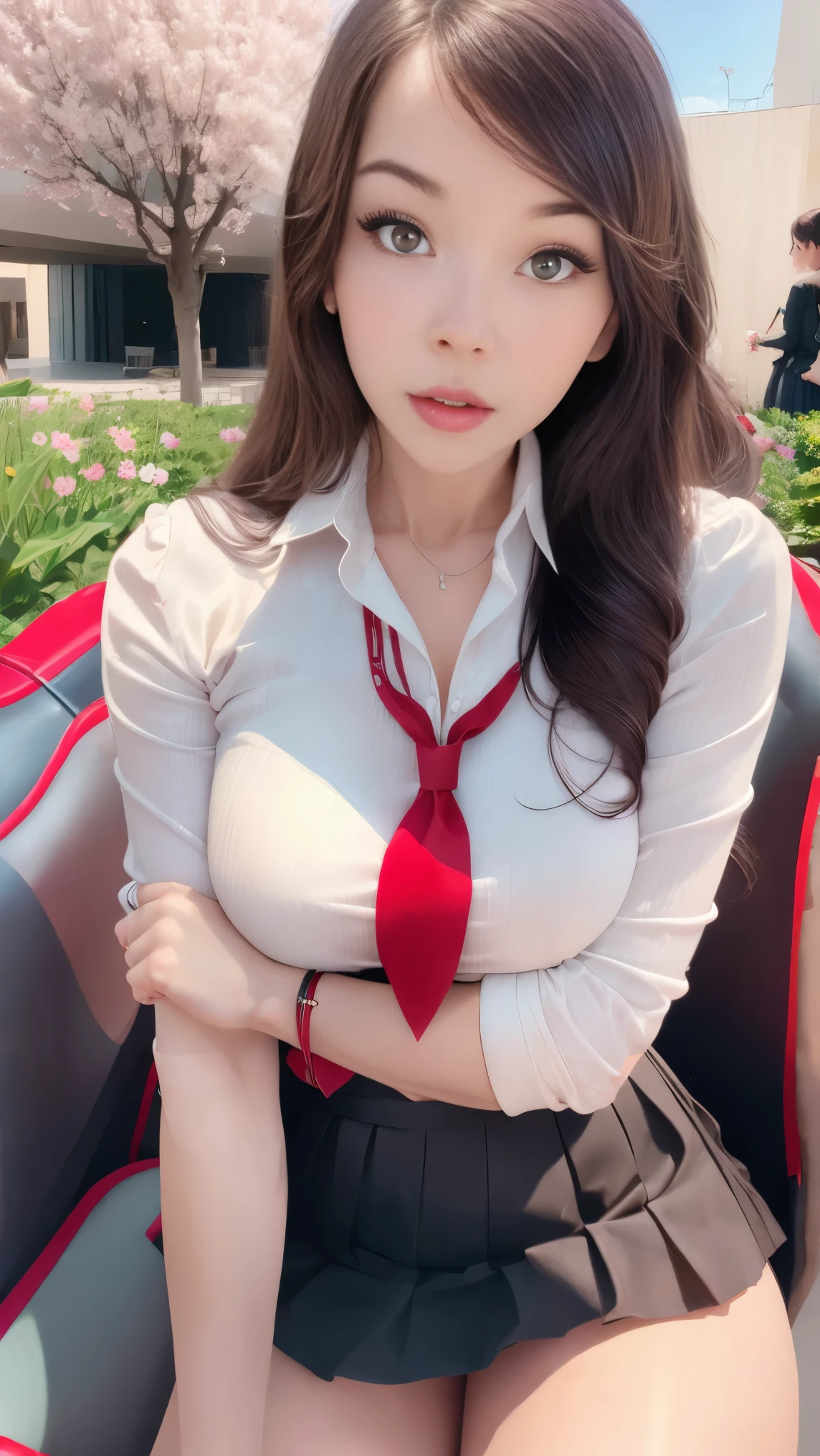 A beautiful girl in a garden, 4 girls, detailed eyes, beautiful detailed lips, extremely detailed eyes and face, long eyelashes, brown hair, wavy hair, jealous expression, glossy skin, medium breasts, well-defined legs:1.3, thick thighs, slim waist, school uniform, thighs, tie, ((pleated skirt)), red stockings, handcuffs, floral lining and cherry blossom trees, looking at viewer, low angle, full body, erotic legs, (best quality,4k,8k,highres,masterpiece:1.2),ultra-detailed,(realistic,photorealistic,photo-realistic:1.37),HDR,UHD,studio lighting,ultra-fine painting,sharp focus,physically-based rendering,extreme detail description,professional,vivid colors,bokeh,portraits,photography