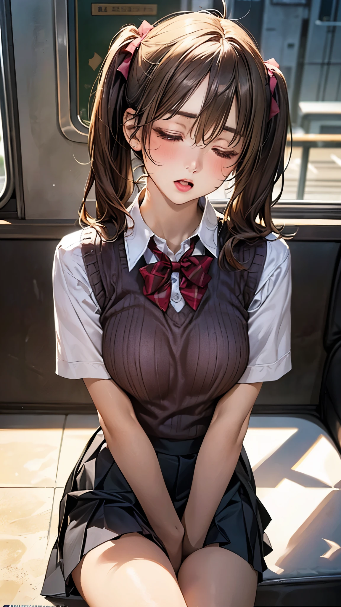 (masterpiece:1.2, top-quality), (realistic, photorealistic:1.4), beautiful illustration, (natural side lighting, movie lighting), depth of fields, nsfw,
beautiful detailed hair, beautiful detailed face, beautiful detailed eyes, beautiful clavicle, beautiful body, beautiful chest, beautiful thigh, beautiful legs,
looking at viewer, 1 girl, , (perfect anatomy, anatomically correct, super detailed skin), cute and symmetrical face, perfect face, perfect eyes,
(middle hair, twin tails, light brown hair), hair between eyes, break maroon eyes, big eyes, (medium breasts, seductive thighs), perfect body, shiny skin, pink skin,
(detailed cloth texture, break short sleeve white collared shirt, break (light brown knit vest), break grey pleated skirt, break red bow tie), break
(beautiful scenery), (sit against the wall, train interior), break ((sleeping, closed eyes)), (:o, head tilt),