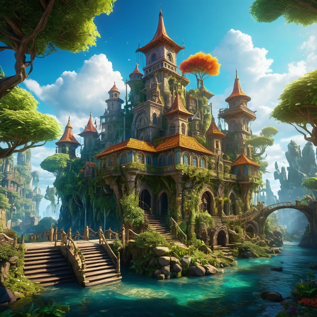 a school in a fictional world, detailed fictional country, highly detailed fantastical environment, whimsical intricate architecture, magical mystical atmosphere, vibrant dramatic colors, cinematic lighting, fantastical mystical creatures, students in magical detailed uniforms, enchanted nature elements, floating islands, ancient ruins, futuristic advanced technology, masterpiece, best quality, 8k, ultra-detailed, photorealistic, professional, vivid colors, studio lighting, physically-based rendering