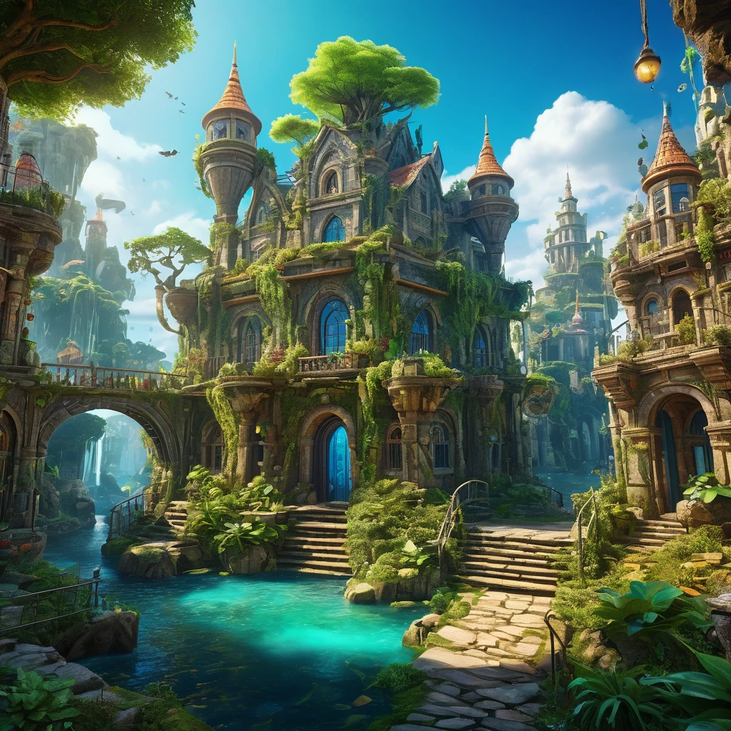a school in a fictional world, detailed fictional country, highly detailed fantastical environment, whimsical intricate architecture, magical mystical atmosphere, vibrant dramatic colors, cinematic lighting, fantastical mystical creatures, students in magical detailed uniforms, enchanted nature elements, floating islands, ancient ruins, futuristic advanced technology, masterpiece, best quality, 8k, ultra-detailed, photorealistic, professional, vivid colors, studio lighting, physically-based rendering