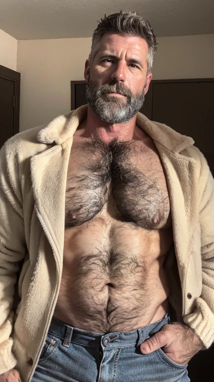 a male shirtless man, hairy and rough, 45 year old men, man about 40 years old, masculine and strong, hot dad, hairy chest, strong masculine features, jacket over bare torso, 50 year old men, hairy chest and hairy body, photo of a 50 year old white man