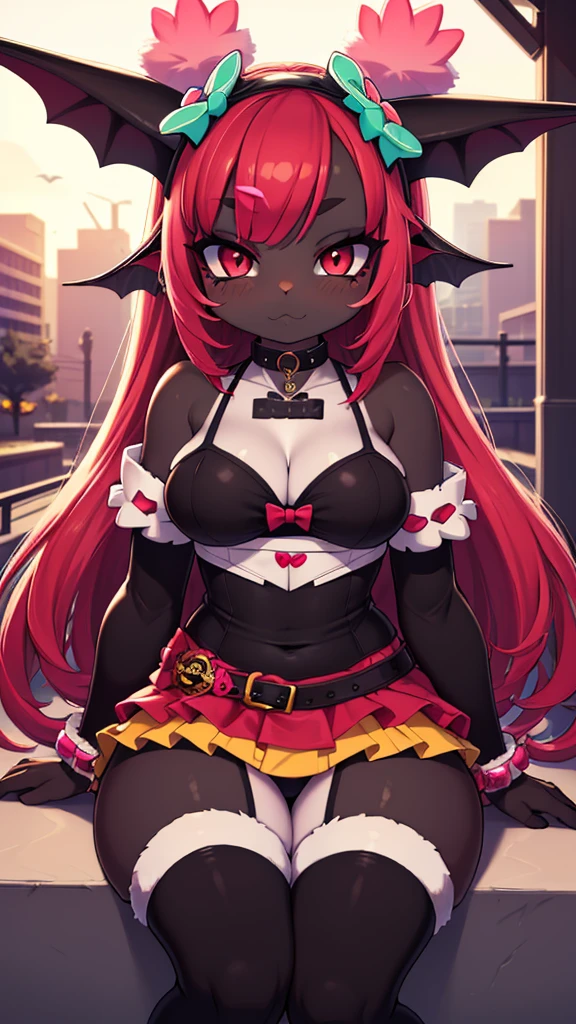 Professional Photography, 8k, highly detailed, intense lighting, daytime photography, sun light,
BREAK,
slave choker, succubus girl, (bat ears), (succubus horns), (black skin:1.6), red eyes, smug eyes, (red glowing hair), straight red hair, big boobs:1.2, blush, thick eyeliner, ((red eyebrows)),
BREAK,
((((Layers of bright colorful accessories)))), sticker-covered platform heels, ((mismatched thigh-highs)), (oversized bows), (((((statement decora fashion))))), (((plethora of kawaii accessories))), the character starring in a Harajuku-themed fashion editorial for a renowned magazine, BREAK, the photoshoot takes place against (iconic Harajuku backdrops), capturing the essence of the district's diverse fashion culture,