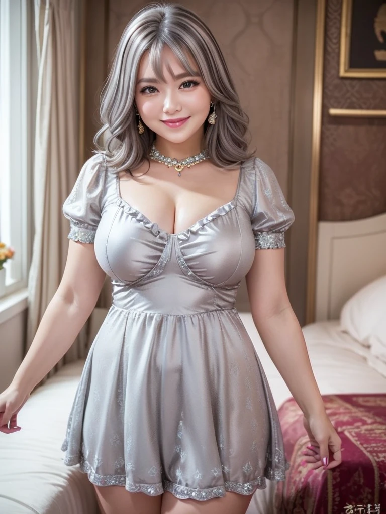 A beautiful and hot almost chubby mature woman.who is wearing a patterned short dress and is and standing in bedroom. A smiling face、Sexy woman、A radiant smile、adorable、race、Frills、Colorful design、Full-length mirror、An inviting gaze、Gorgeous long and beautiful hairstyle、variation Hairstyle、Open neck blouse、Flower Garden、(flower:1.2)、Full body photo、((Delicately decorated dress))、1 person, (((Super cute room)))、(((Luxury Jewelry)))、(((Light silver highlights hair color)))
