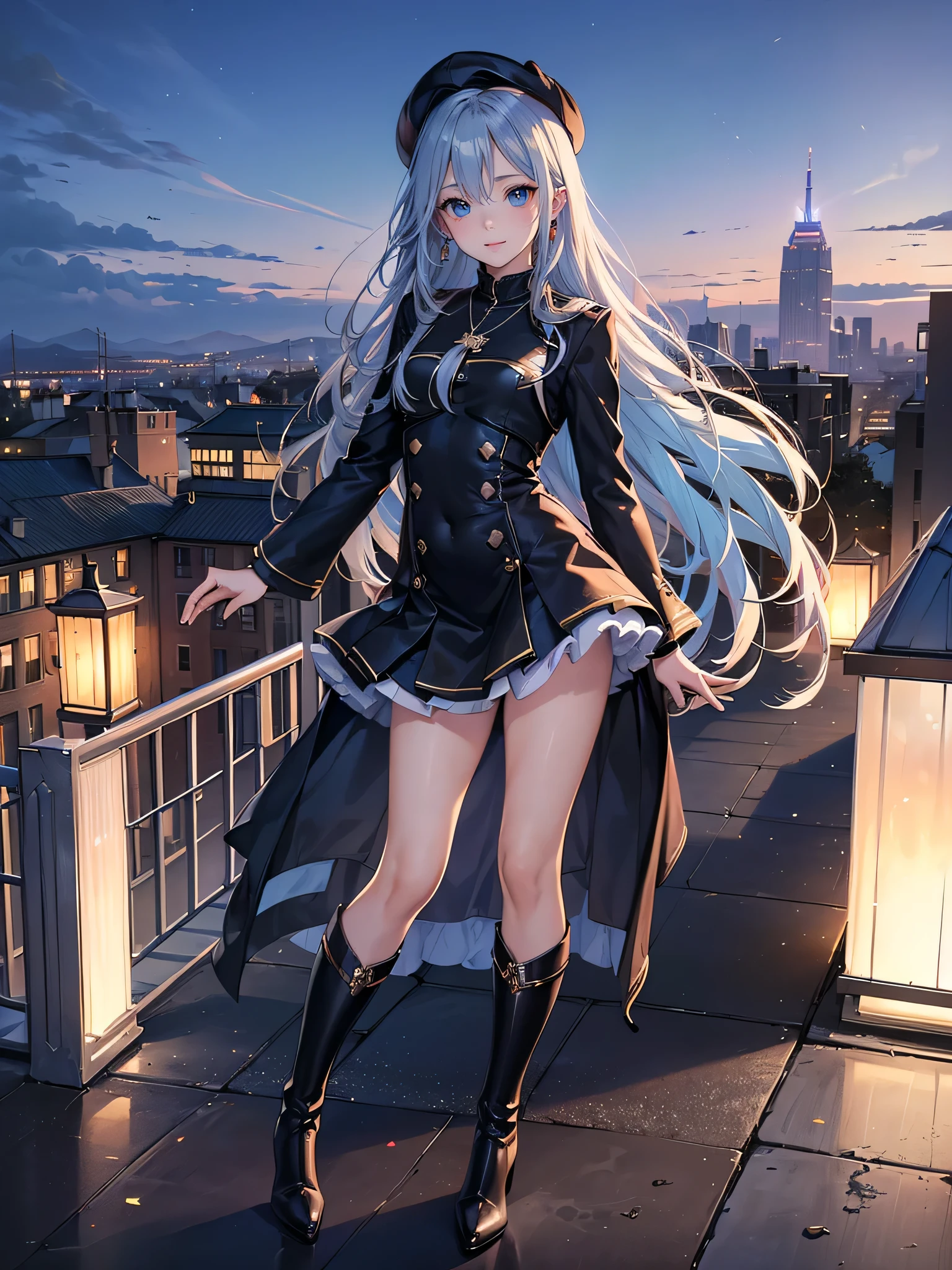 ((Biologically correct limb count)),(( From head to toe,Full-body photo including face)),4K,((Standing position)),masterpiece,((Focus on the face)),((Symmetrical facial features)),Eyes with detailed description,Beautiful woman,Great style,Beautiful arms,Beautiful legs,Beautiful Hands,(Small Ass,Thin thighs),Detailed depiction of the face,Small earrings,necklace,(Will ,dress((High heel long boots))),((evening,Looking out at the city from the school rooftop)),(((blue blonde))),Realistic photo,beret,Looking up,Look up
