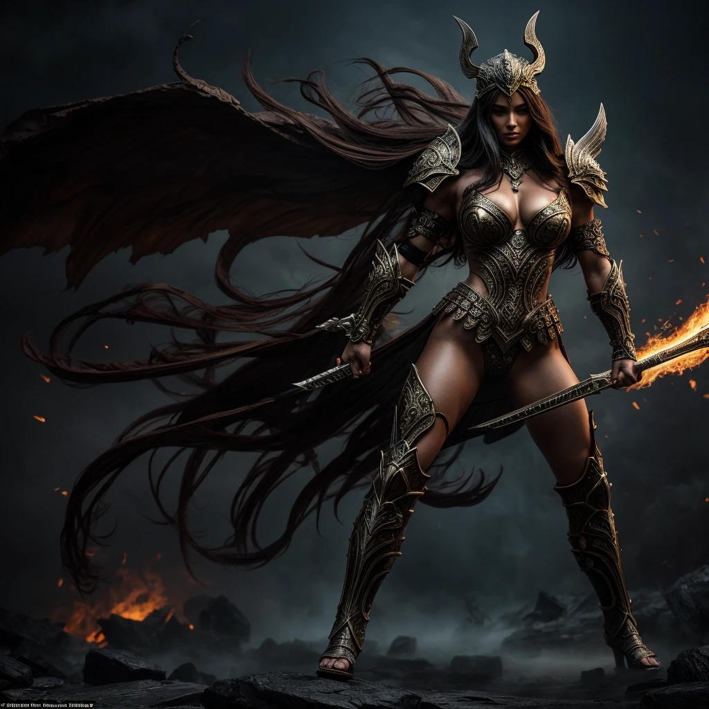 masterpiece, best quality,adult,A goddess of war with glowing eyes, magical tattoos, battle scars on her skin, and a mystical bloodied weapon in her hand, standing in a powerful pose with intricately designed mythic motifs on her armor, against a chaotic battlefield illuminated by otherworldly light, with fallen enemies at her feet