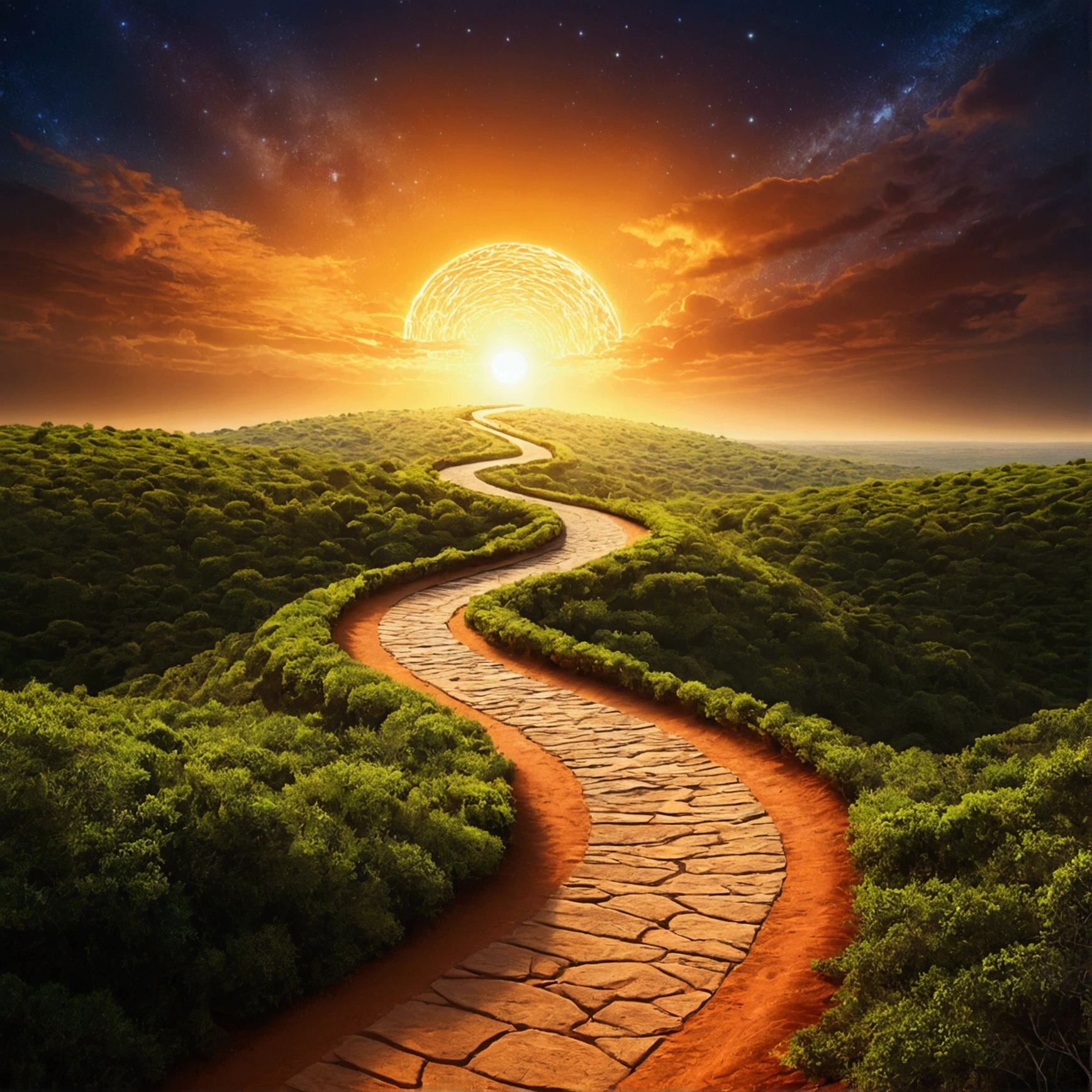 Draw a winding path that extends from the base of the image to the horizon, No final do caminho, adicione uma luz brilhante e radiante, no centro da imagem, Africa, Angola