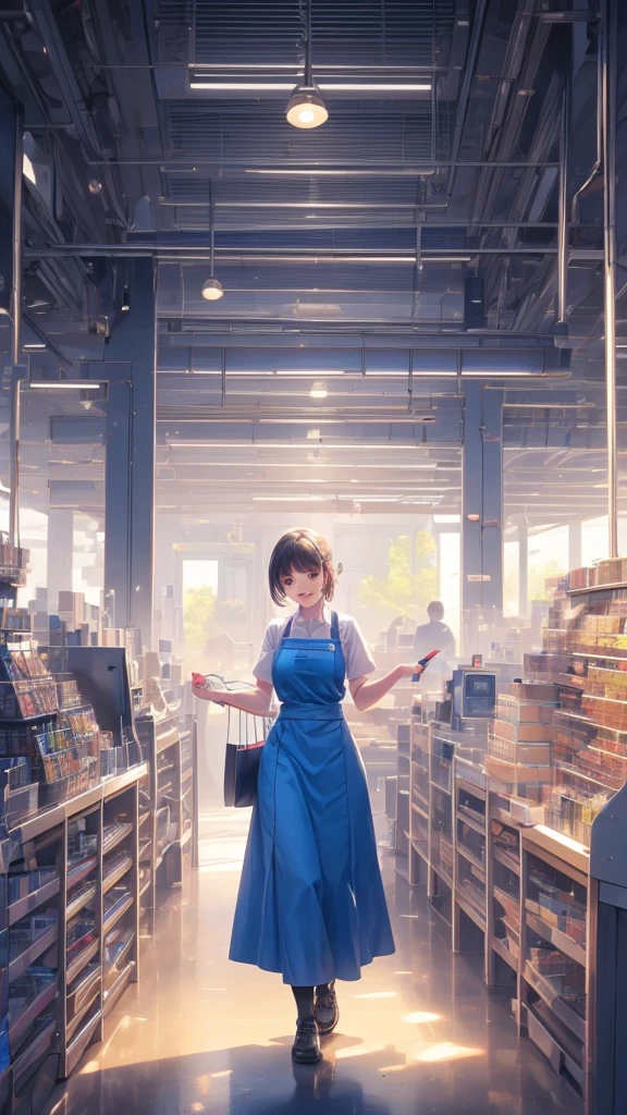young woman,smile,Cashier,Supermarket clerk,Wearing an apron,((Working as a cashier)),((Cashier)),((cashier,register,))Receive money from customers,There are products on the shelves,In the supermarket