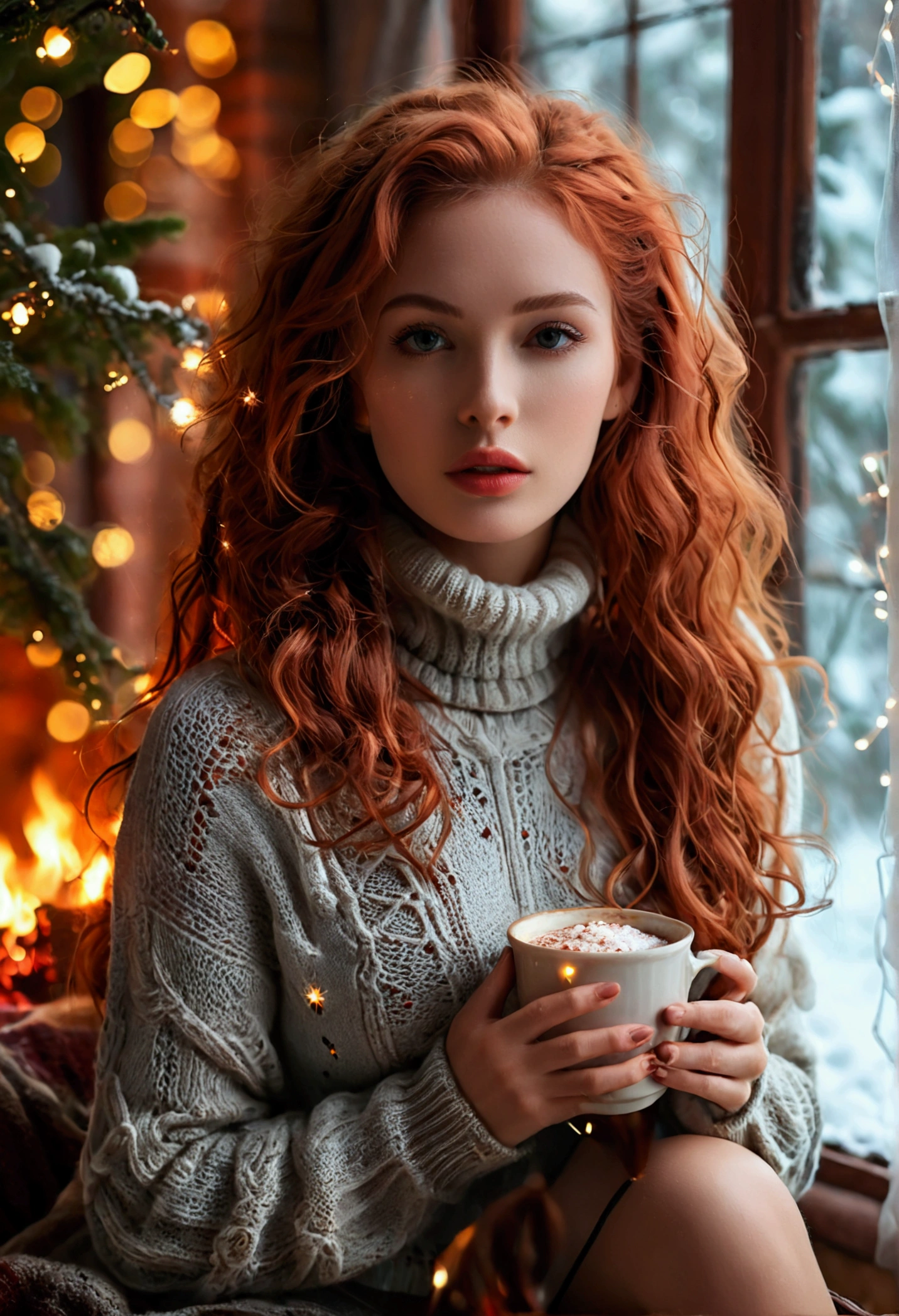 An ultra hot beautiful european woman, age 23, red wavy hair. she's a playmate, men magazine model, enjoying a cozy evening by the fire. She wears a turtleneck winter color wool sweater and tight shorts. Trough the window, winter starry night. Northern lights, Perfect ???????, perfect hair, perfect breast, perfect body, perfect hands, perfect face, UHD, retina, masterpiece, accurate, anatomically correct, textured skin, cleavage, holding a cup of steaming hot chocolate in her hands