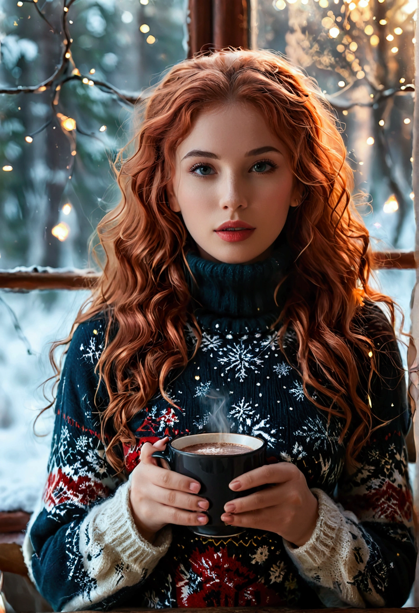 An ultra hot beautiful european woman, age 23, red wavy hair. she's a playmate, men magazine model, enjoying a cozy evening by the fire. She wears a turtleneck winter color wool sweater and tight shorts. Trough the window, winter starry night. Northern lights, Perfect anatomy, perfect hair, perfect breast, perfect body, perfect hands, perfect face, UHD, retina, masterpiece, accurate, anatomically correct, textured skin, cleavage, holding a cup of steaming hot chocolate in her hands