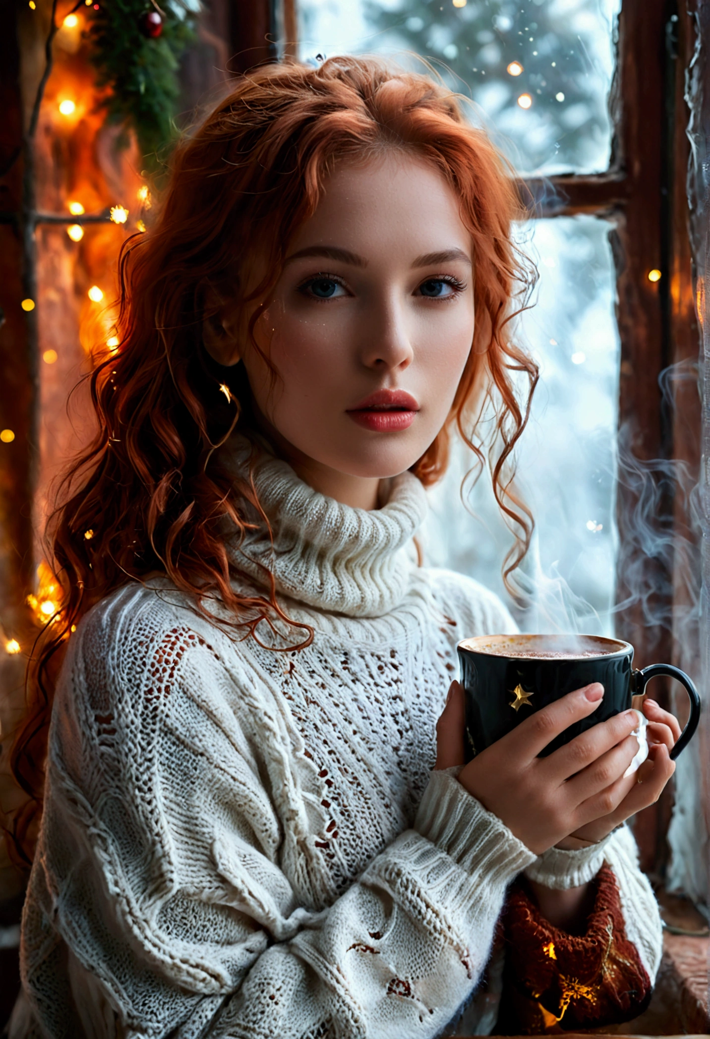 An ultra hot beautiful european woman, age 23, red wavy hair. she's a playmate, men magazine model, enjoying a cozy evening by the fire. She wears a turtleneck winter color wool sweater and tight shorts. Trough the window, winter starry night. Northern lights, Perfect anatomy, perfect hair, perfect breast, perfect body, perfect hands, perfect face, UHD, retina, masterpiece, accurate, anatomically correct, textured skin, cleavage, holding a cup of steaming hot chocolate in her hands