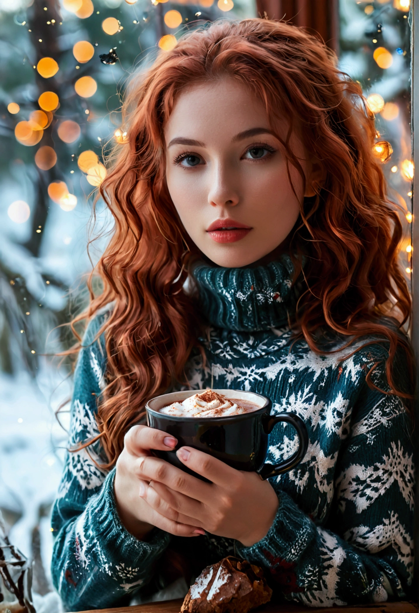 An ultra hot beautiful european woman, age 23, red wavy hair. she's a playmate, men magazine model, enjoying a cozy evening by the fire. She wears a turtleneck winter color wool sweater and tight shorts. Trough the window, winter starry night. Northern lights, Perfect anatomy, perfect hair, perfect breast, perfect body, perfect hands, perfect face, UHD, retina, masterpiece, accurate, anatomically correct, textured skin, cleavage, holding a cup of steaming hot chocolate in her hands
