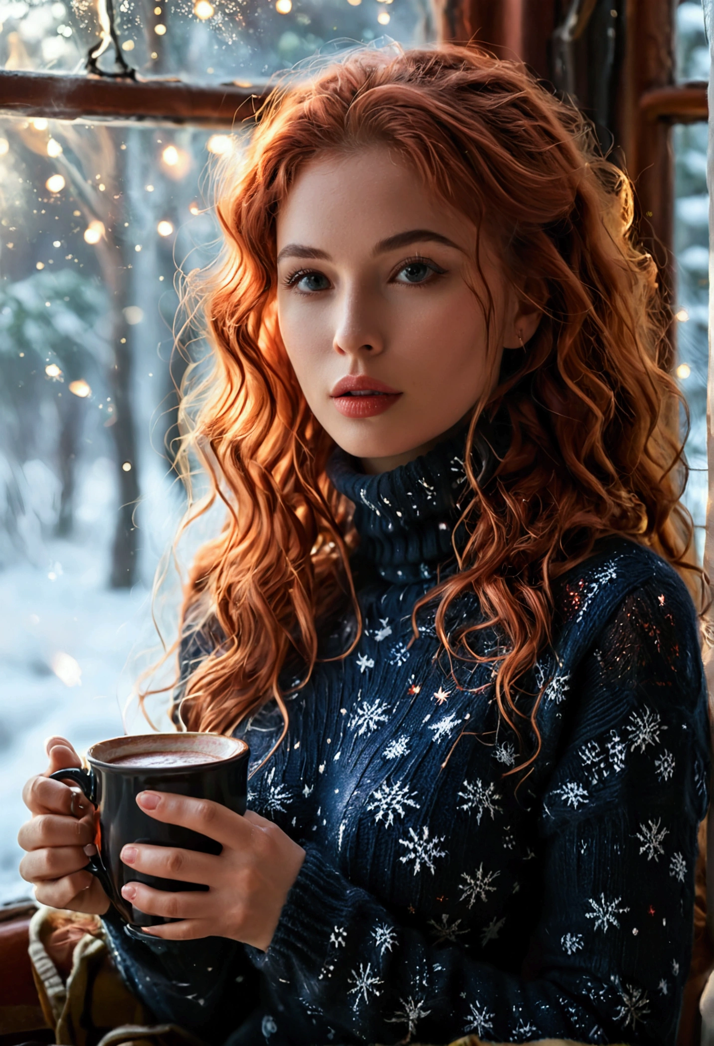 An ultra hot beautiful european woman, age 23, red wavy hair. she's a playmate, men magazine model, enjoying a cozy evening by the fire. She wears a turtleneck winter color wool sweater and tight shorts. Trough the window, winter starry night. Northern lights, Perfect anatomy, perfect hair, perfect breast, perfect body, perfect hands, perfect face, UHD, retina, masterpiece, accurate, anatomically correct, textured skin, cleavage, holding a cup of steaming hot chocolate in her hands
