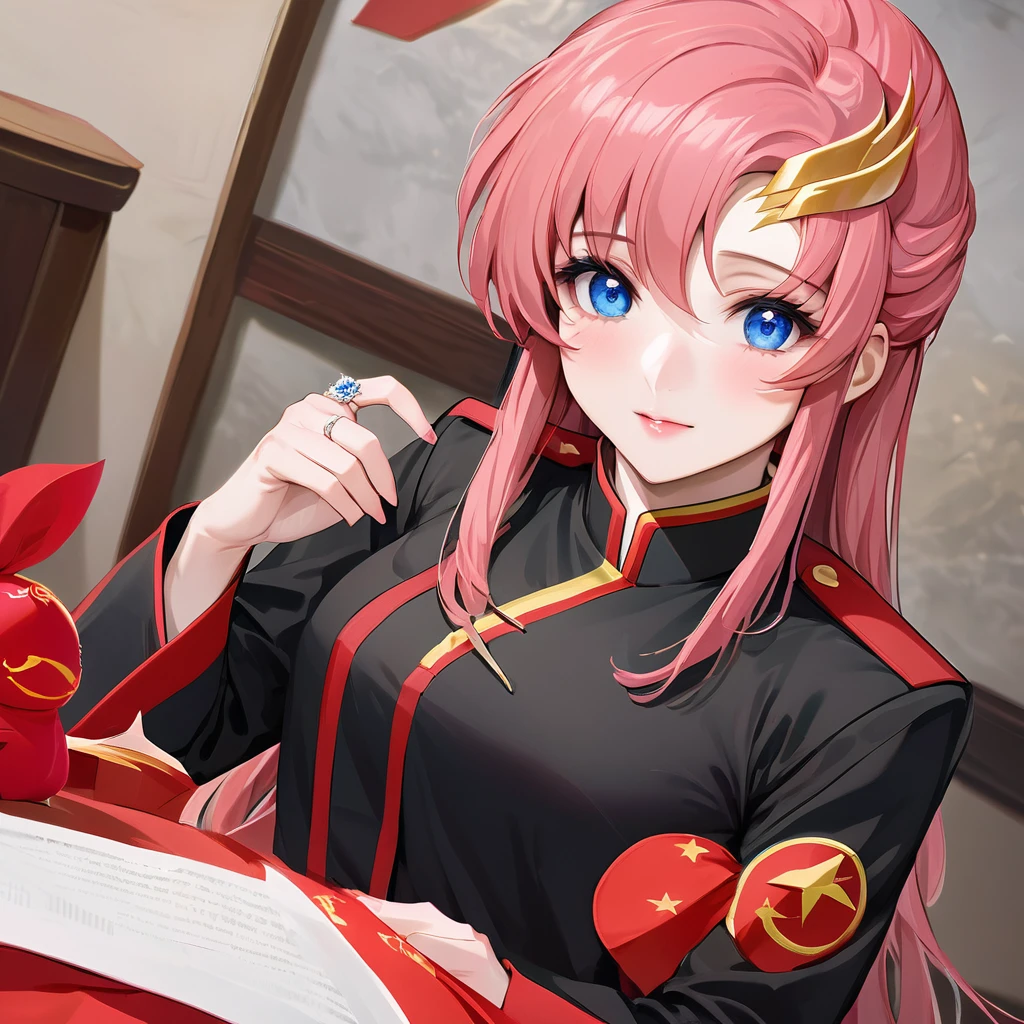 ((Highest quality)), ((masterpiece)), (detailed), (Perfect Face)、The woman is a Chinese Lacus Clyne, a Chinese woman with blue eyes and medium-long pink hair who is wearing an engagement ring. She has become a member of the glorious Chinese Communist Party and swears absolute loyalty to the Chinese Communist Party. She is a righteous Communist Party member of China.、The woman is wearing the fine red uniform of a Chinese Communist Party member.、For the sake of China, they dye their hair, hairstyle, clothes, and everything they wear belongs to the Chinese Communist Party, and their thoughts are also Chinese, becoming great Chinese in body and mind.、The woman became Lacus Clyne, a Chinese woman who was proud of and loved China.、She is serving China as a member of the great Communist Party of China.、She is a beautiful, respectable and exemplary Communist.