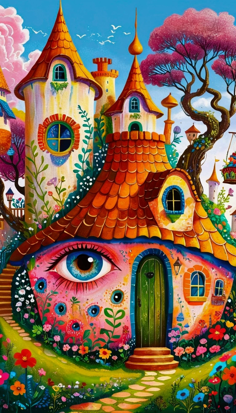 Artists from the stars，Pastel Art：长满Eye的城堡，(((Eye)))，Twisted Castle，Colorful black，植物上的Eye， Popular trends on pixabay, Childish Art, Fantastic art, Fantastic and psychedelic, rich and colorful house, sunlight and Fantastic houses, Fantastic fantasy landscape art, rich and colorful illustration, rich and colorfull illustration, Magical Village, Fantastic!!, Wizarding World. rich and colorful, Fantastic!!!, colorful、Rich details waiting to start 
