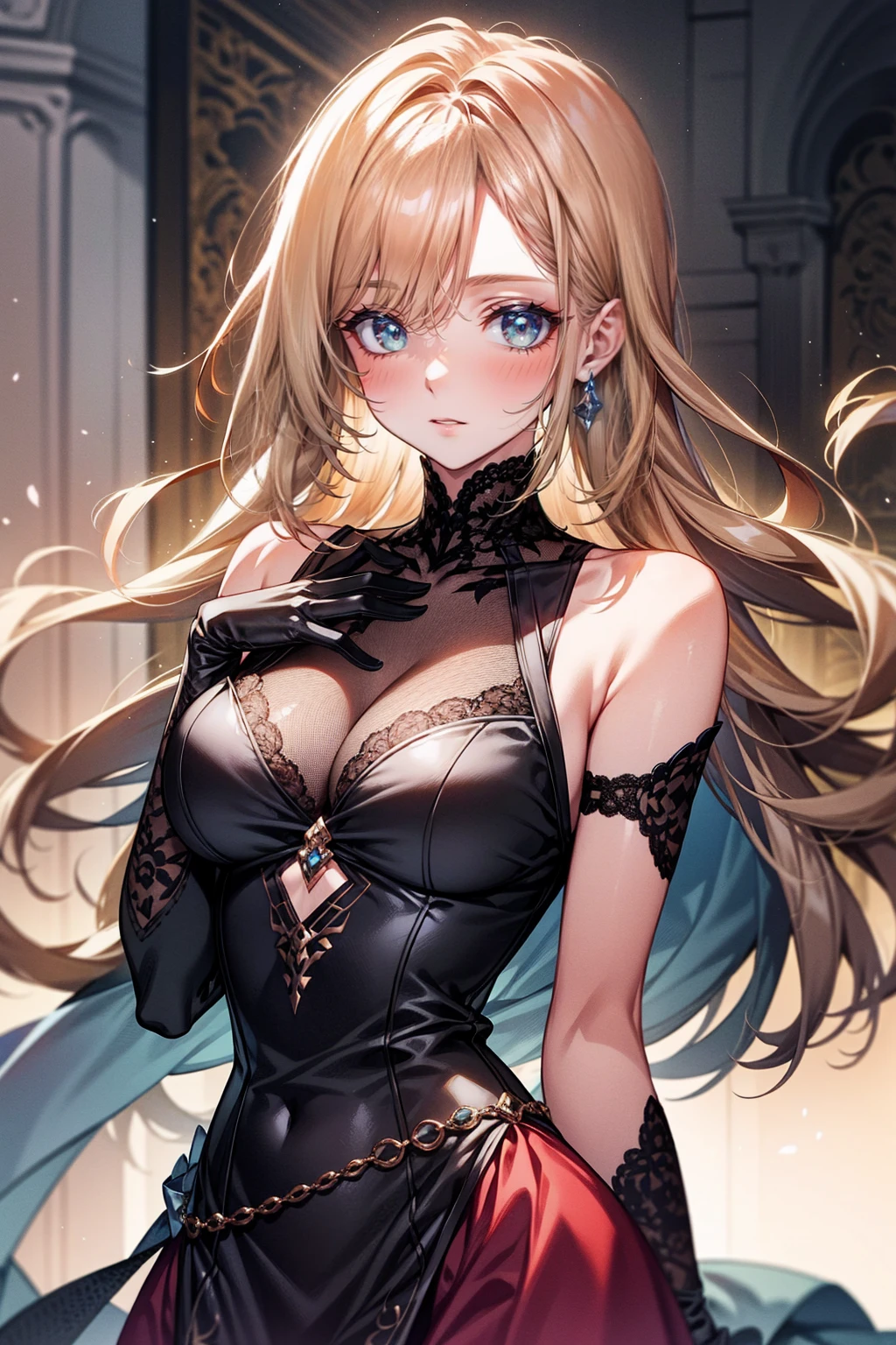long gloves up to the elbow、dress、blonde lady、blush、Shyness
