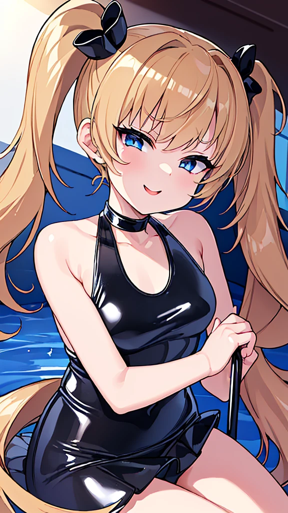 ((highest quality)), (masterpiece)), (detailed: 1.4), Unorganized resolution、High resolution、(masterpiece:1.4)、Super detailed、one beautiful girl、highest quality、master piece、Very detailed、(1 girl):1.4、(black latex swimsuit)、(Golden hair):1.3、twin tails、Short twin tails、choker、(dark blue eyes):1.1,(shiny latex)、indoor pool background